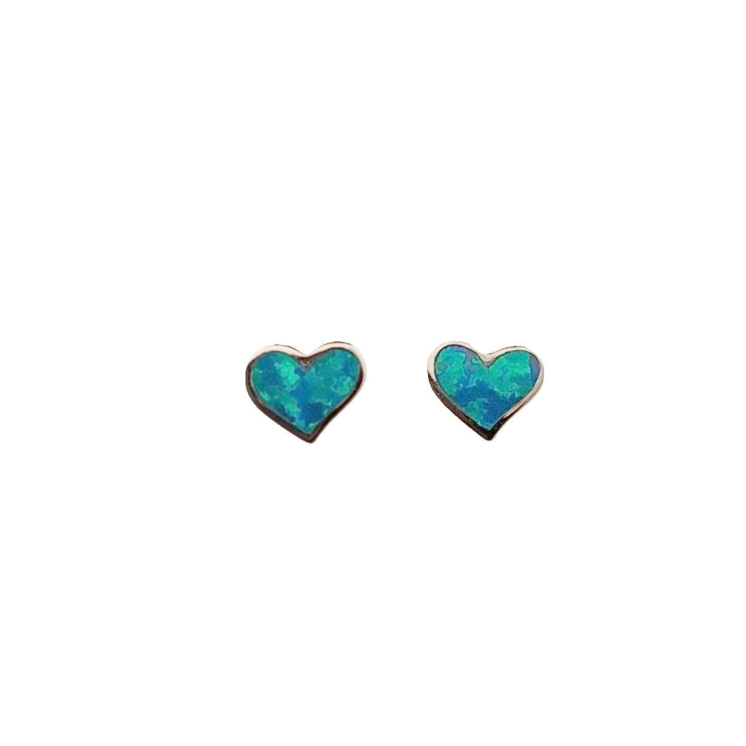 Blue Opal Heart Stud Earrings: Sterling Silver Greek Jewelry