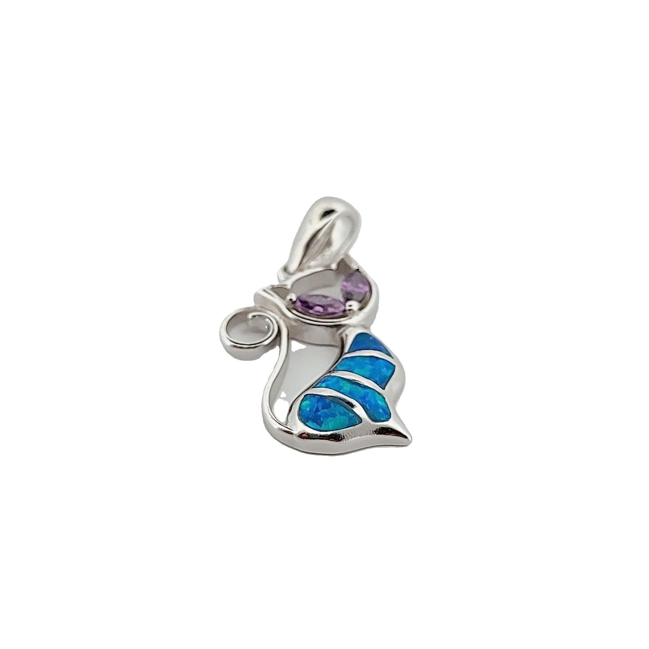 Sterling Silver 925 Cat Pendant, Blue and Purple Opal Inlay