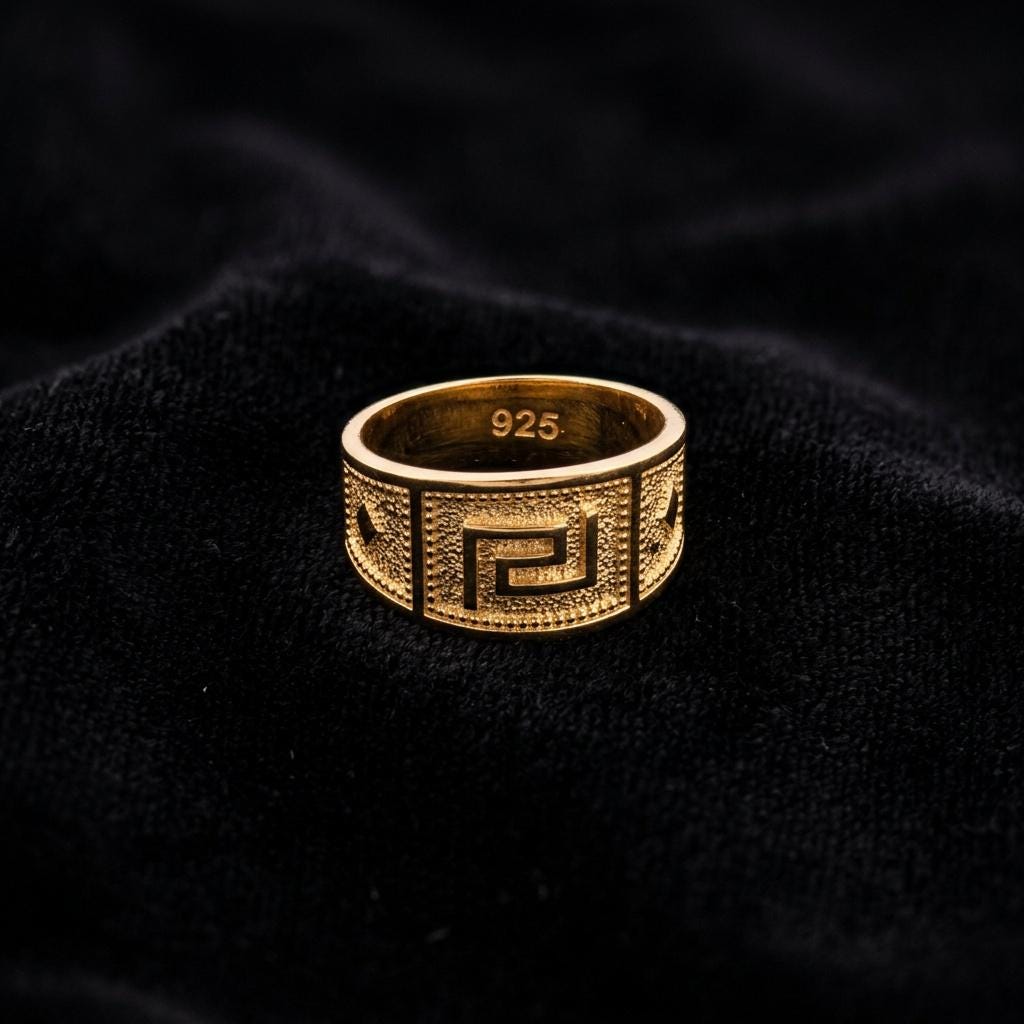 Greek Key Ring – Gold Plated Sterling Silver Wide Band Byzantine Meander Jewelry