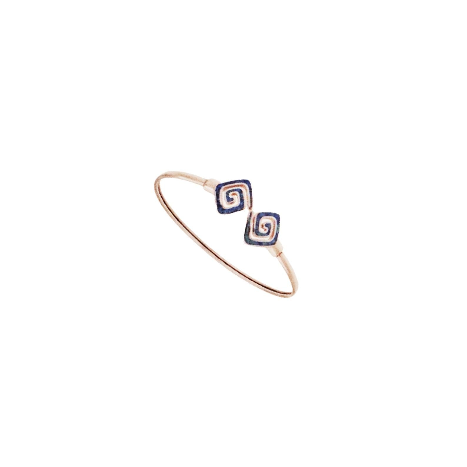 Blue Opal Bangle Bracelet, Silver Square Design, Greek Key Pattern