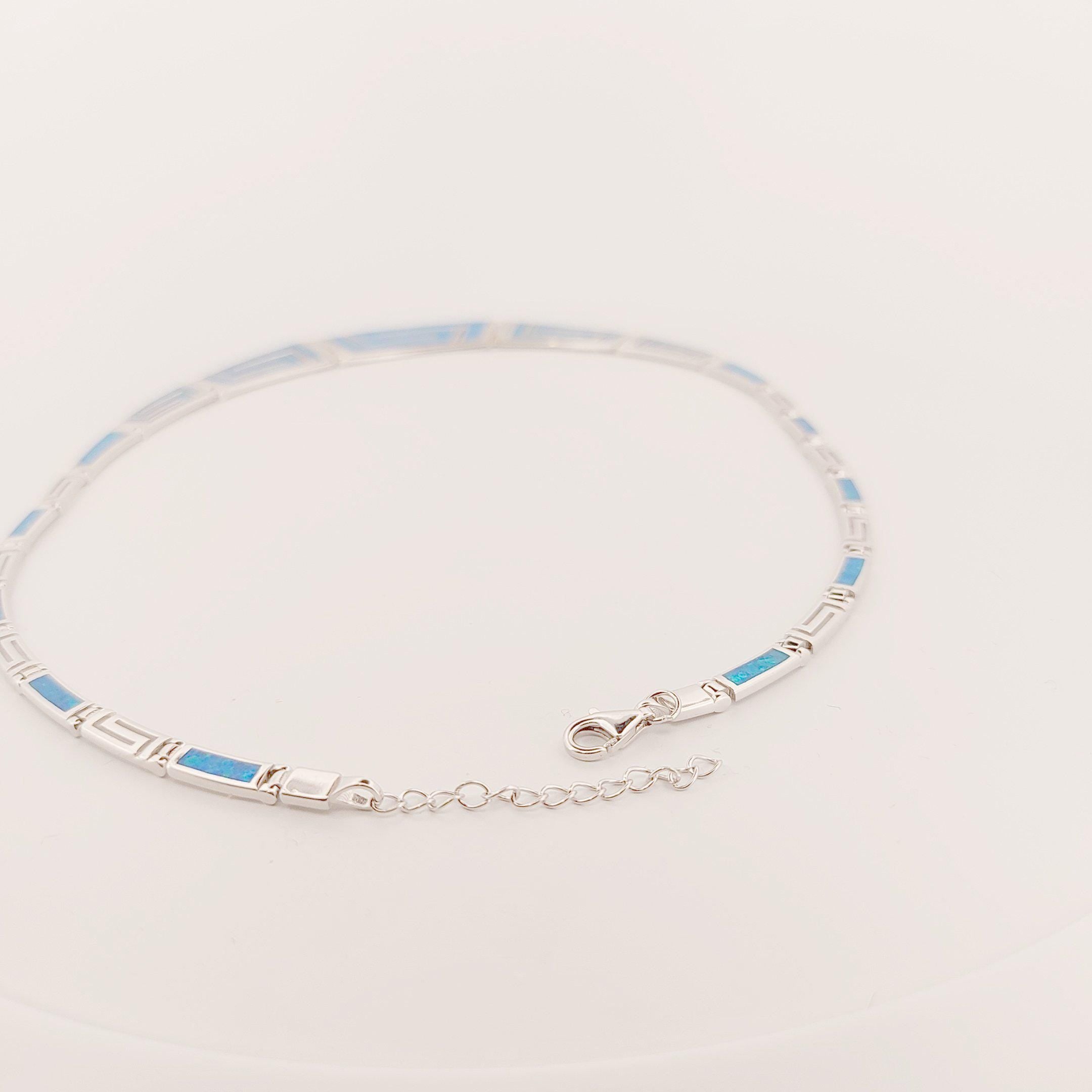 Sterling Silver Blue Opal Necklace, Greek Key Meander Design 925 Silver