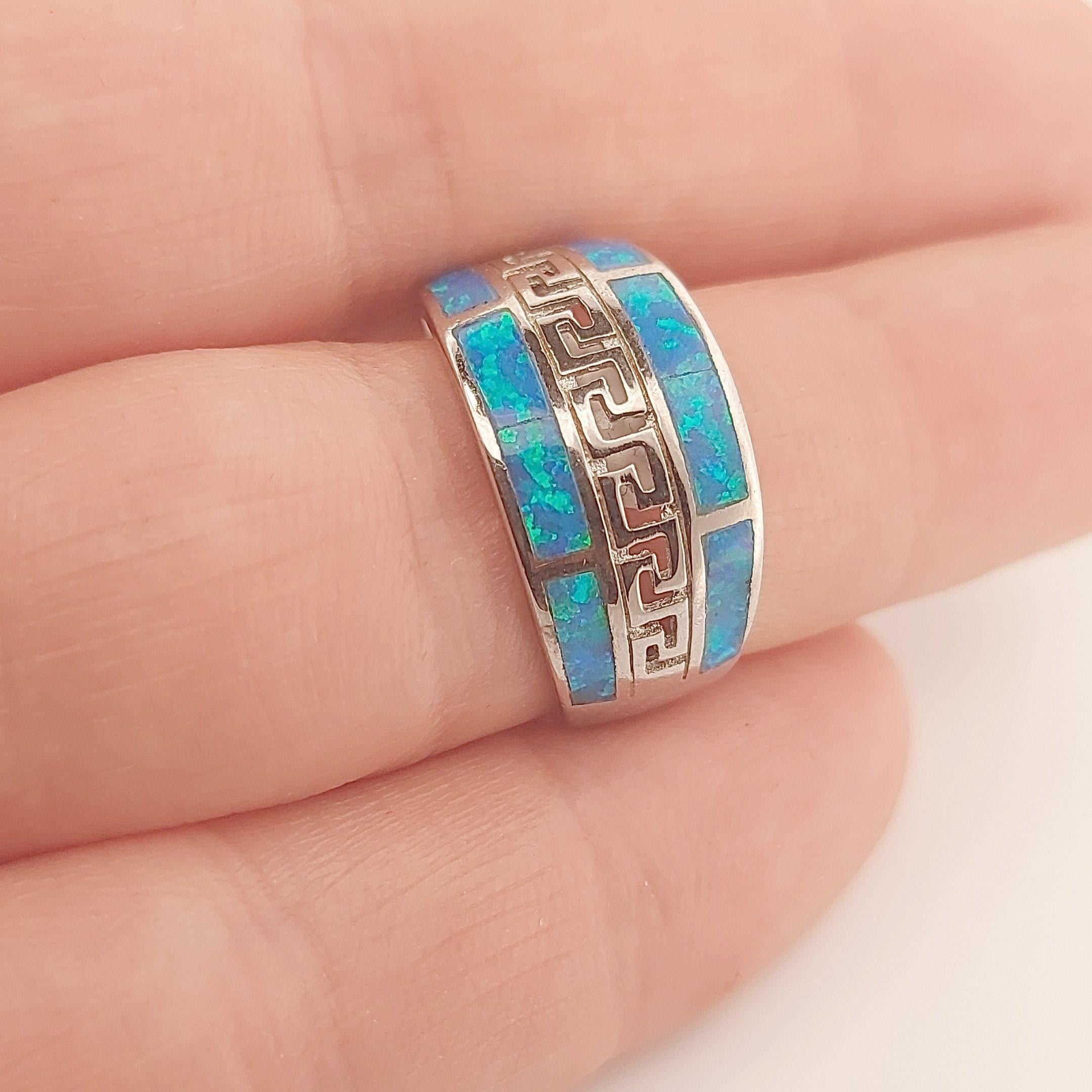 Blue Opal Ring, Sterling Silver Greek Key Meander Design, Statement Band