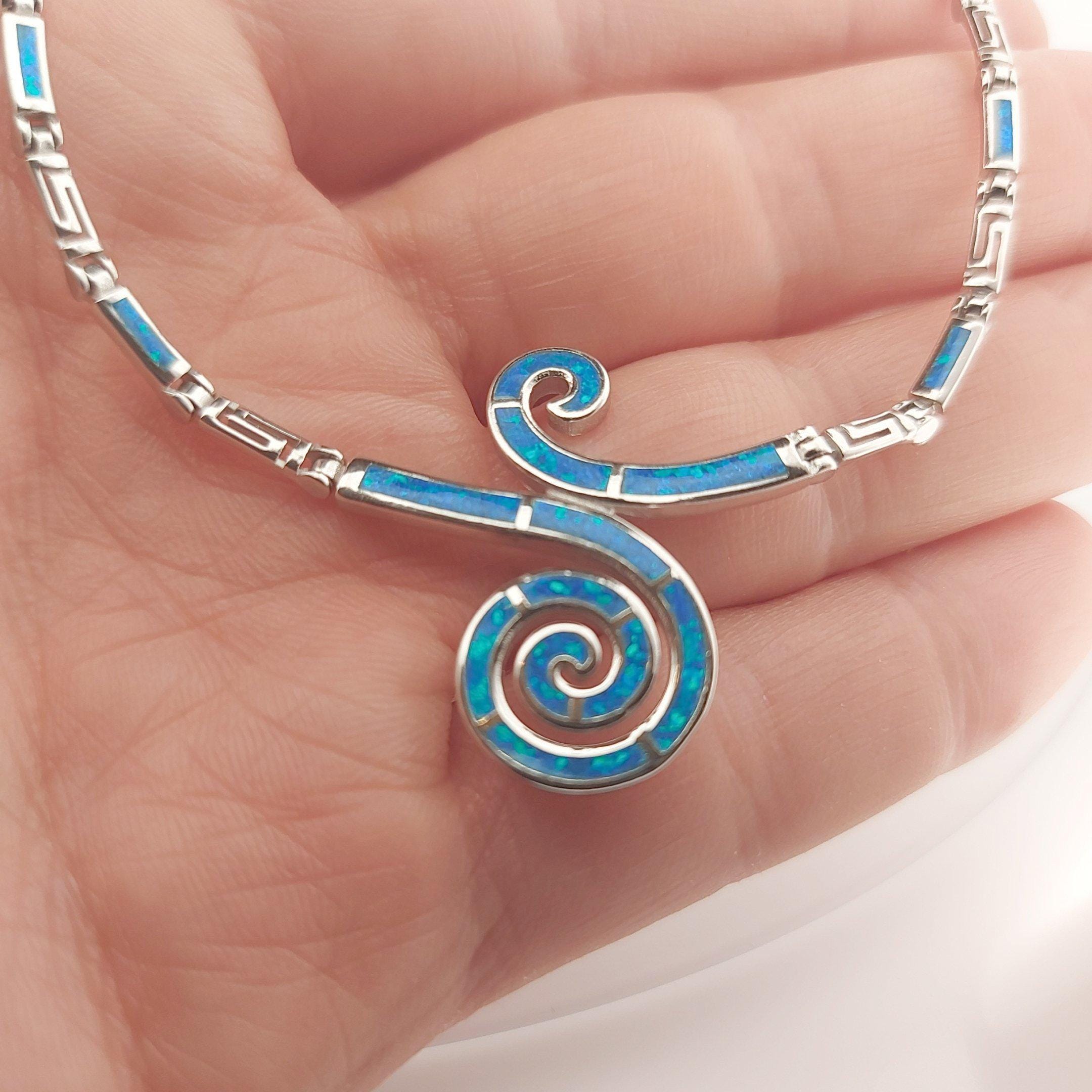 Blue Opal Sterling Silver Necklace, Spiral Meander Design