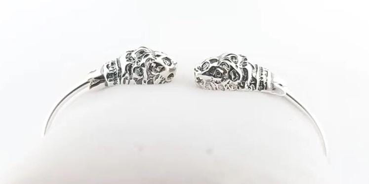 Double Lions Heads Cuff Bracelet Silver 925, Unisex Ancient Greek Mythology Symbol Bangle