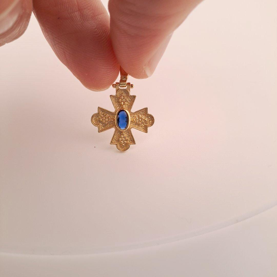 Gold Cross Pendant – Byzantine Cross Charm with Blue Gemstone, Antique Greek Jewelry