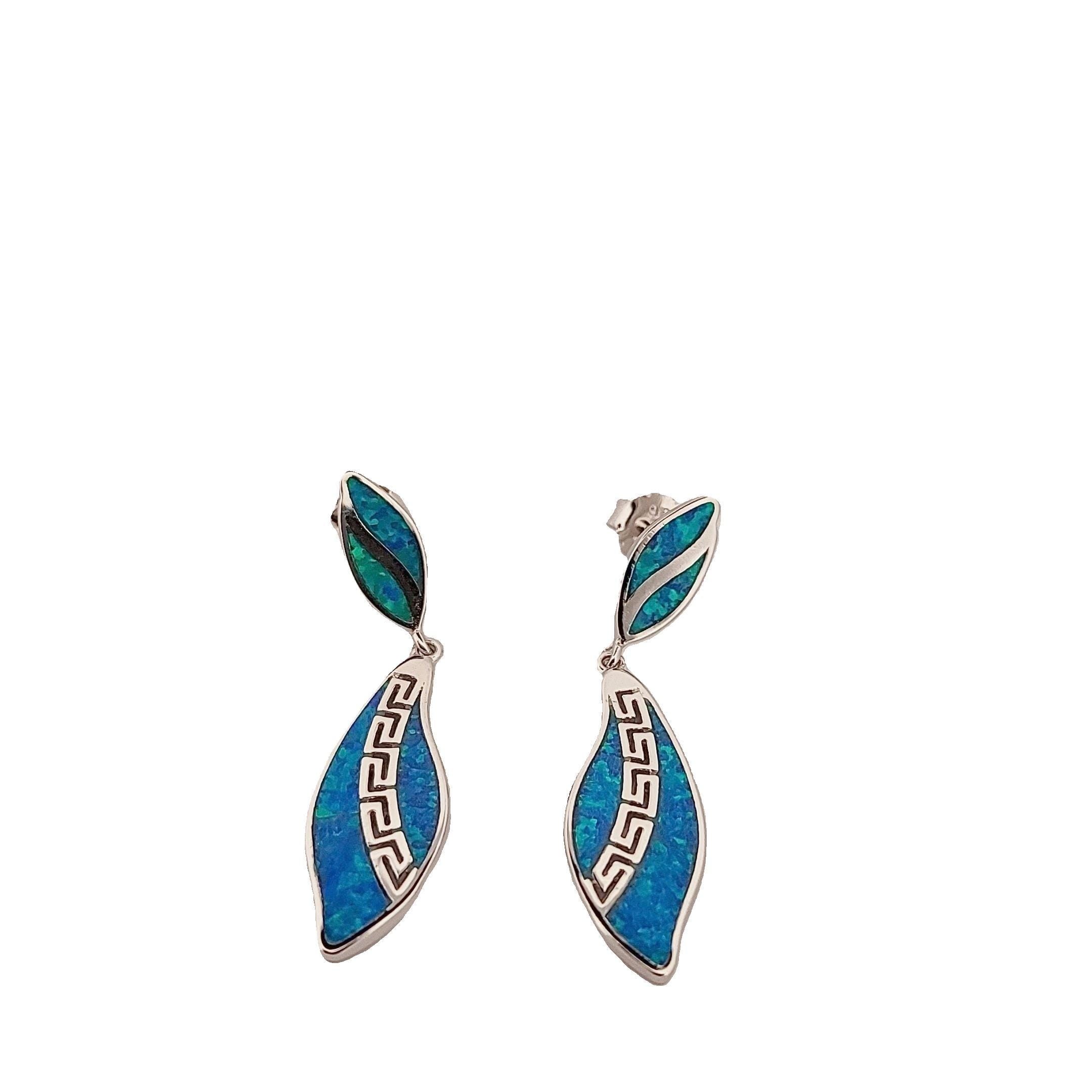 Blue Opal Dangle Earrings: Sterling Silver Greek Key Design