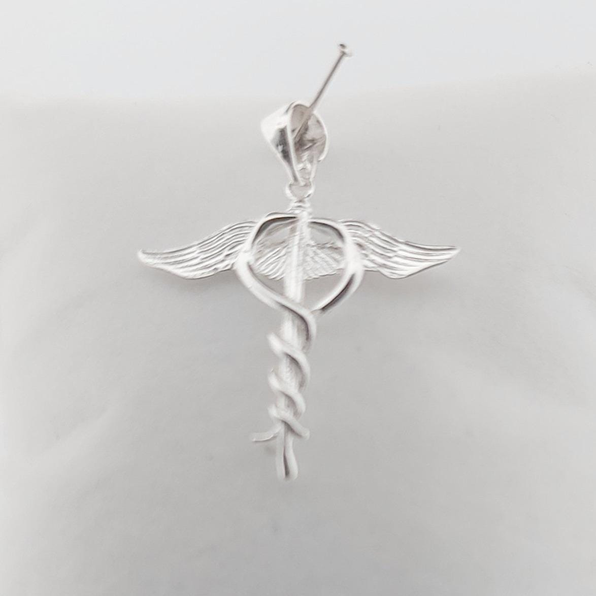 Sterling Silver Caduceus Medical Symbol Pendant, Wings and Snake Design
