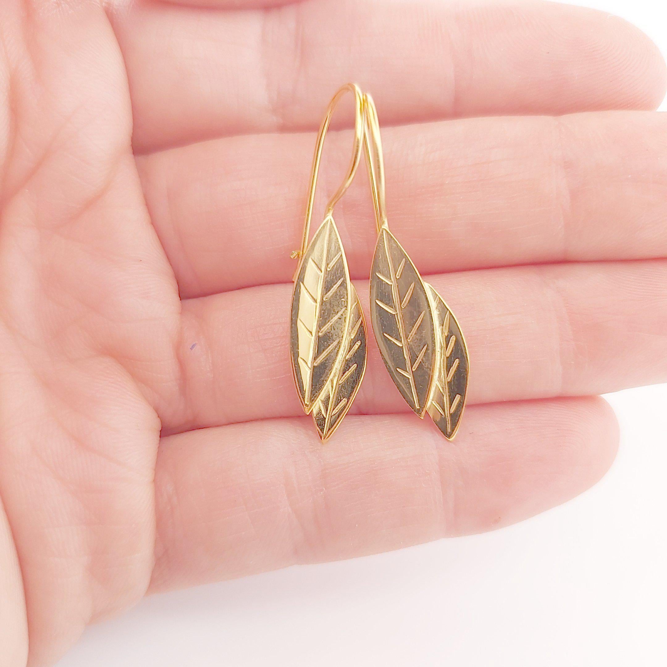 Olive Leaf Dangle Earrings, Gold Plated, Greek Inspired Design