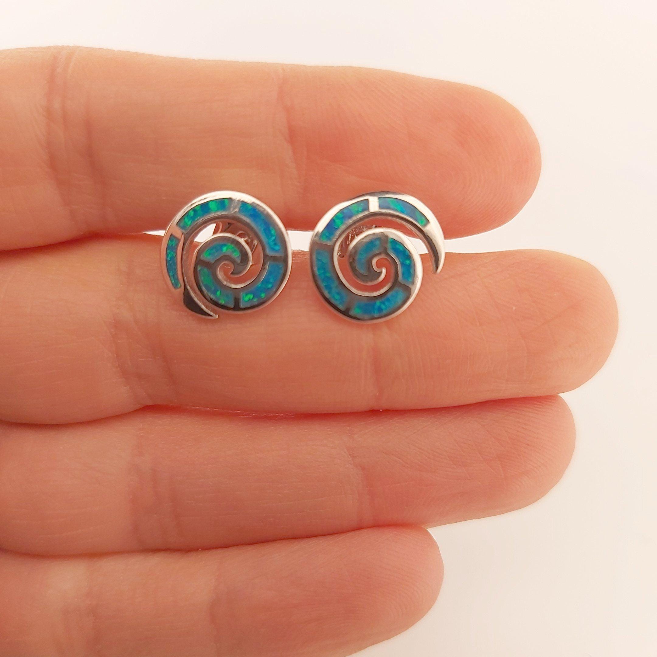 Blue Opal Greek Key Sterling Silver Stud Earrings