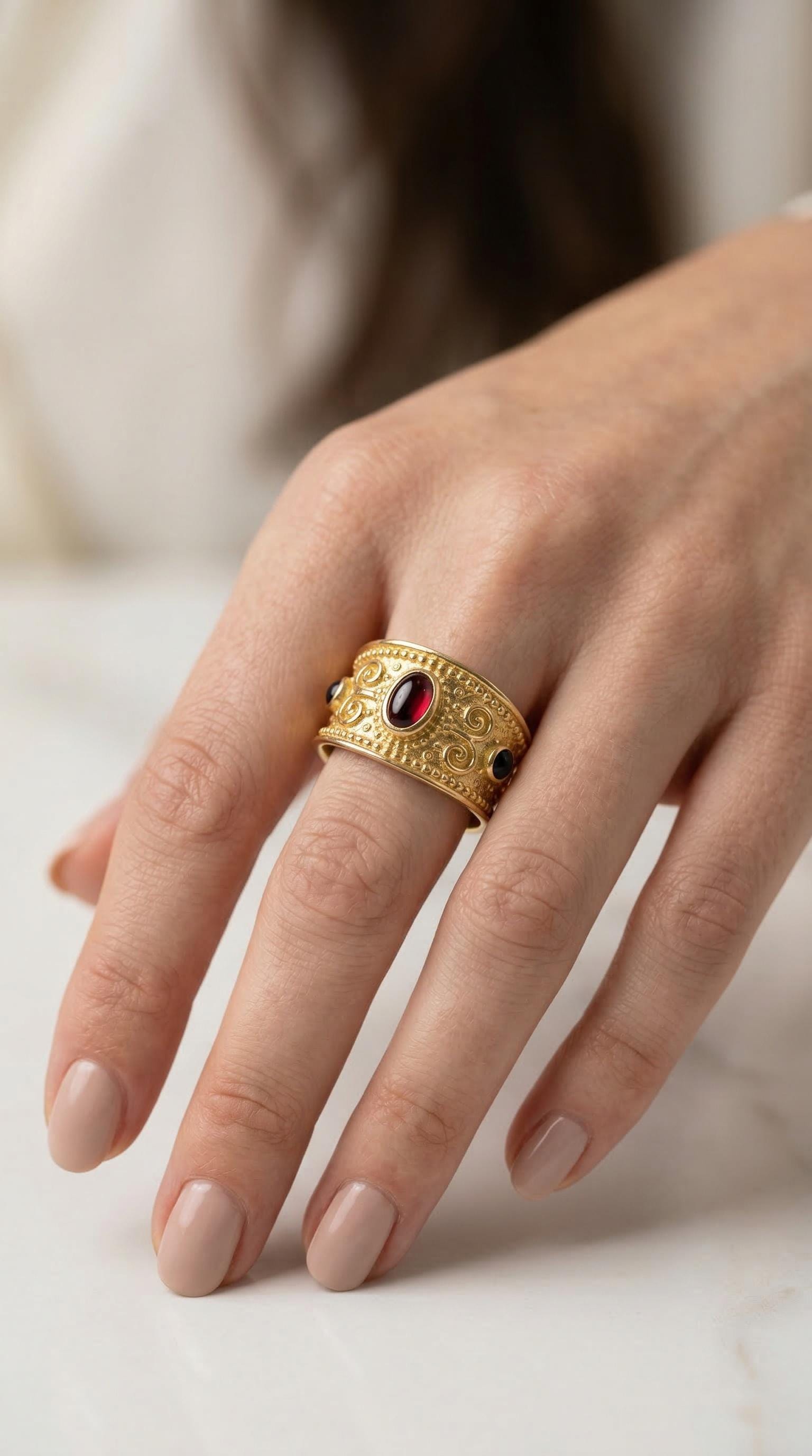 Byzantine Gold Ring – Adjustable Filigree Band With Red Zircon Stone & Green Accents