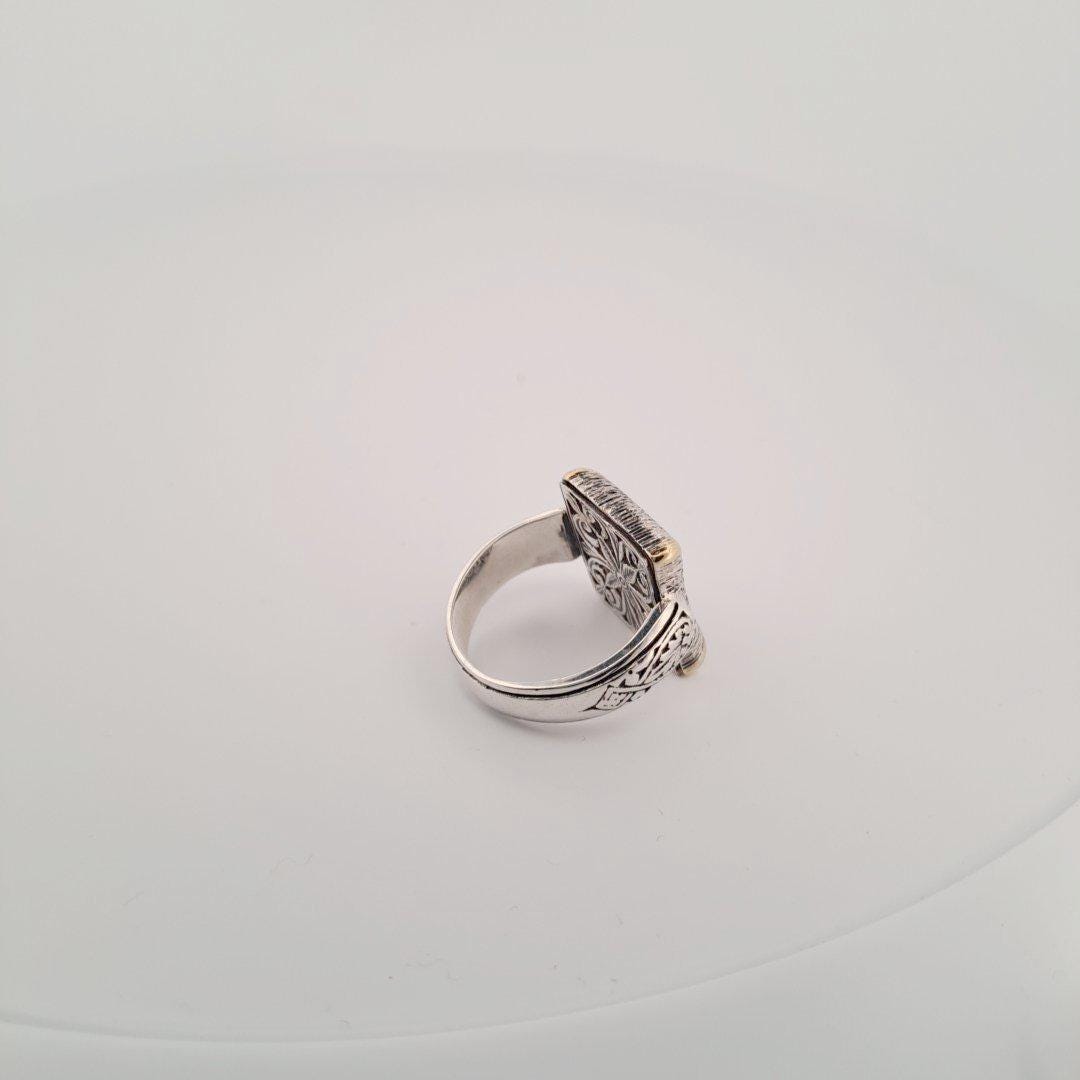 Byzantine Style Ring - Ornate Filigree Design Two Tone Square Face Band