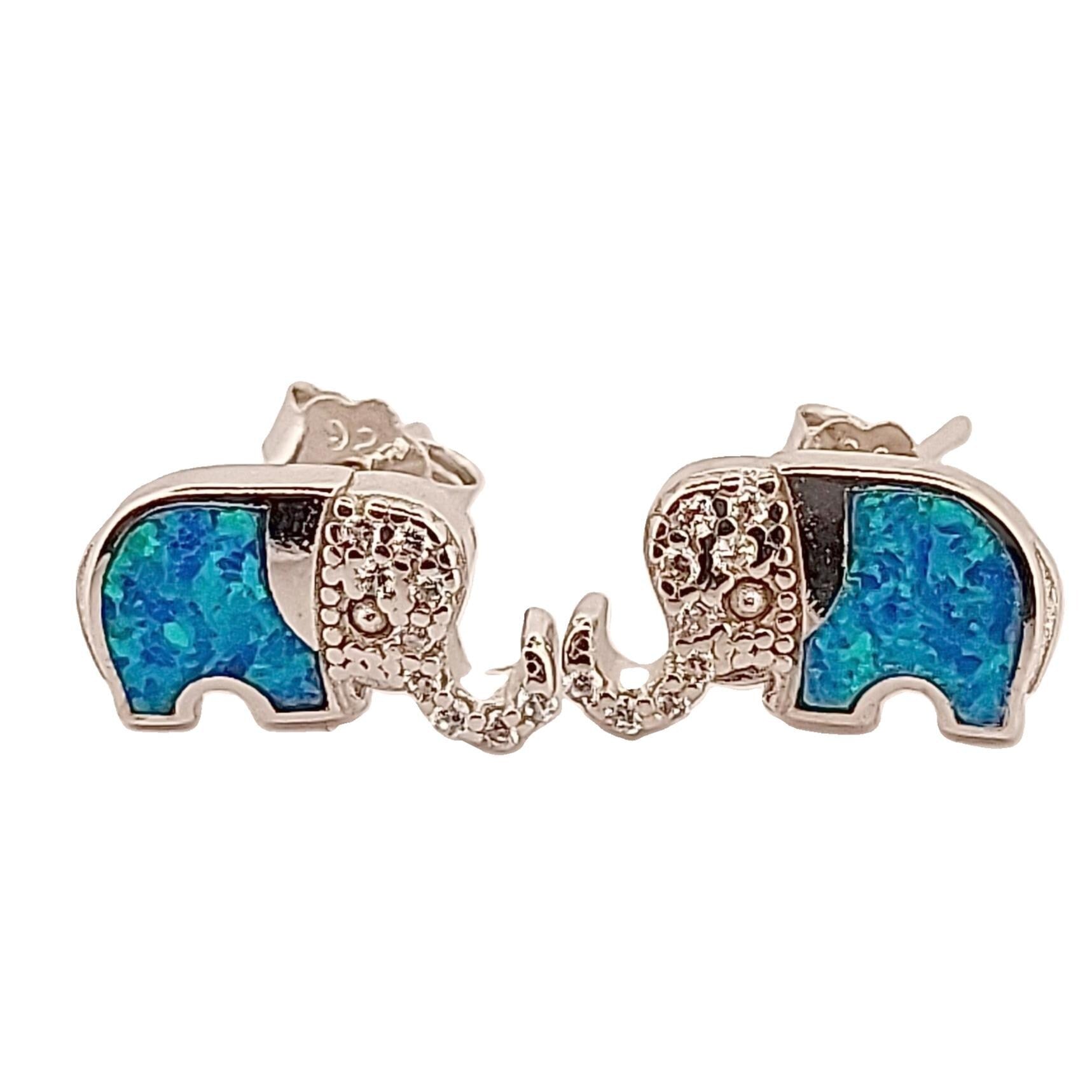 Blue Opal Elephant Stud Earrings: Sterling Silver Animal Jewelry