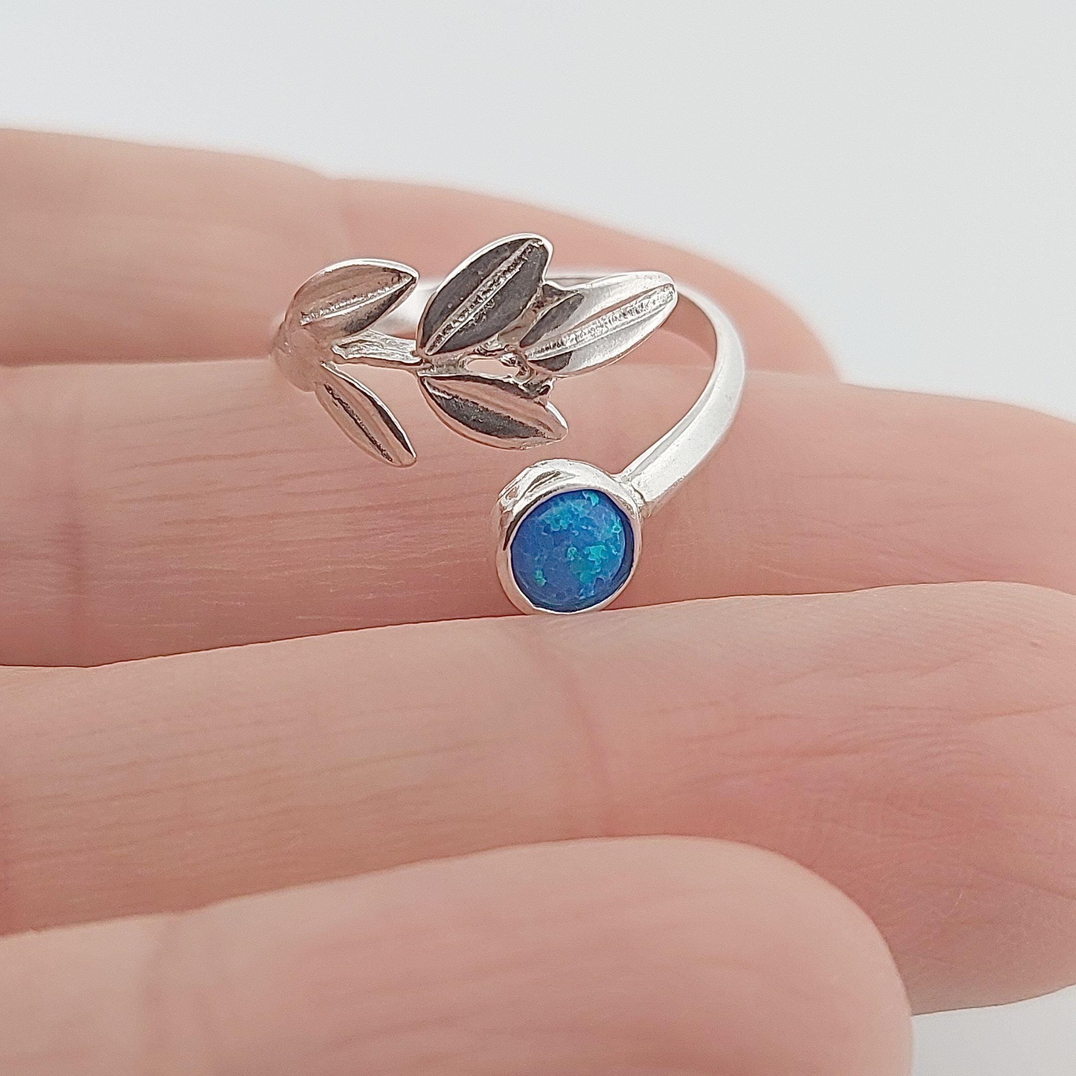Silver Blue Opal Ring with Olive Leaf Design, Greek Collection, 925 Silver