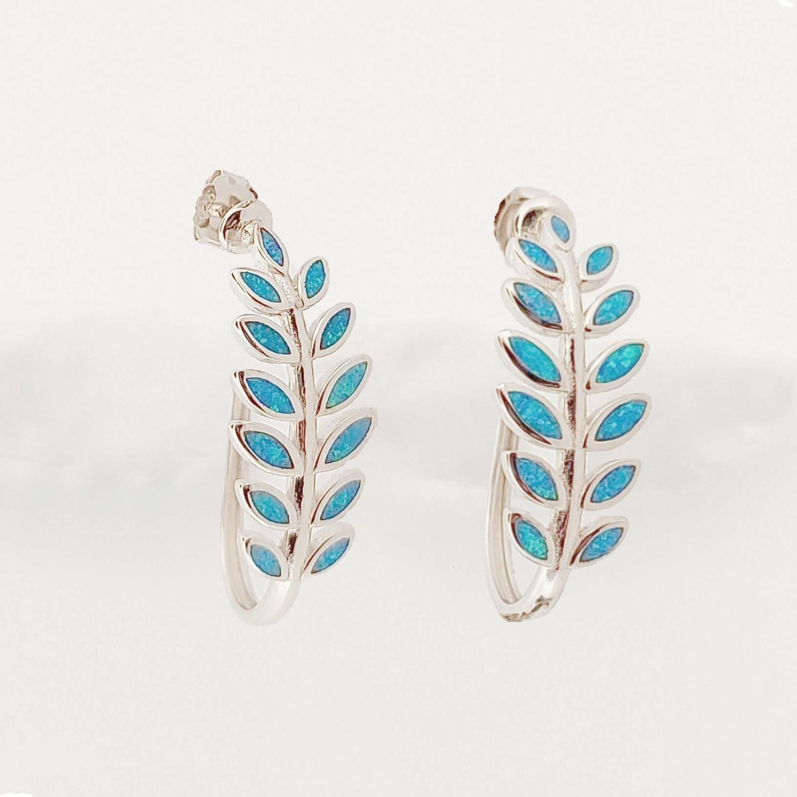 Opal Inlay Olive Leaf Hoop Earrings: 925 Sterling Silver, Greek Design
