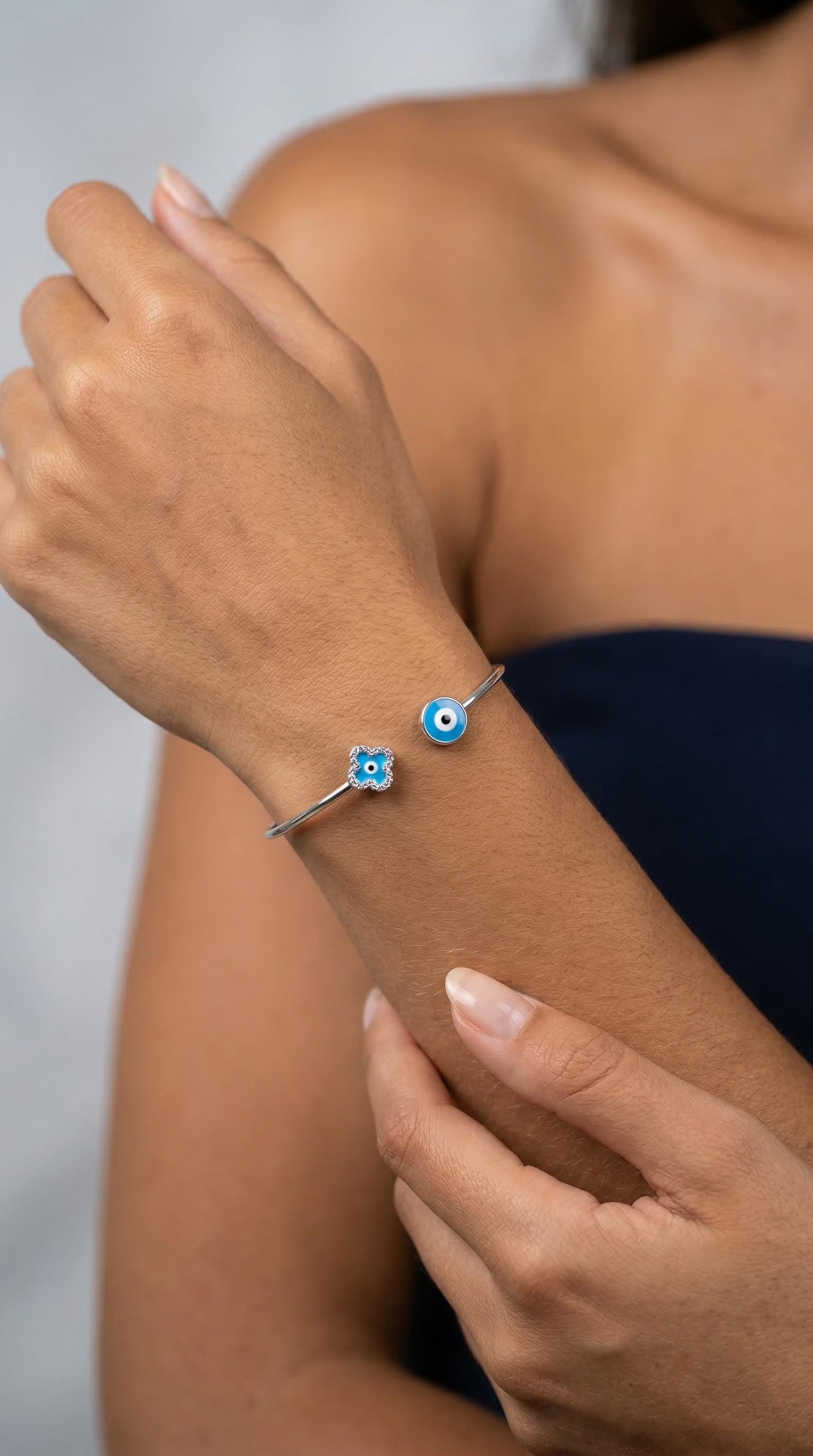 Evil Eye Bangle – Silver Open Cuff Bracelet with Blue Enamel & Zirconia Charm