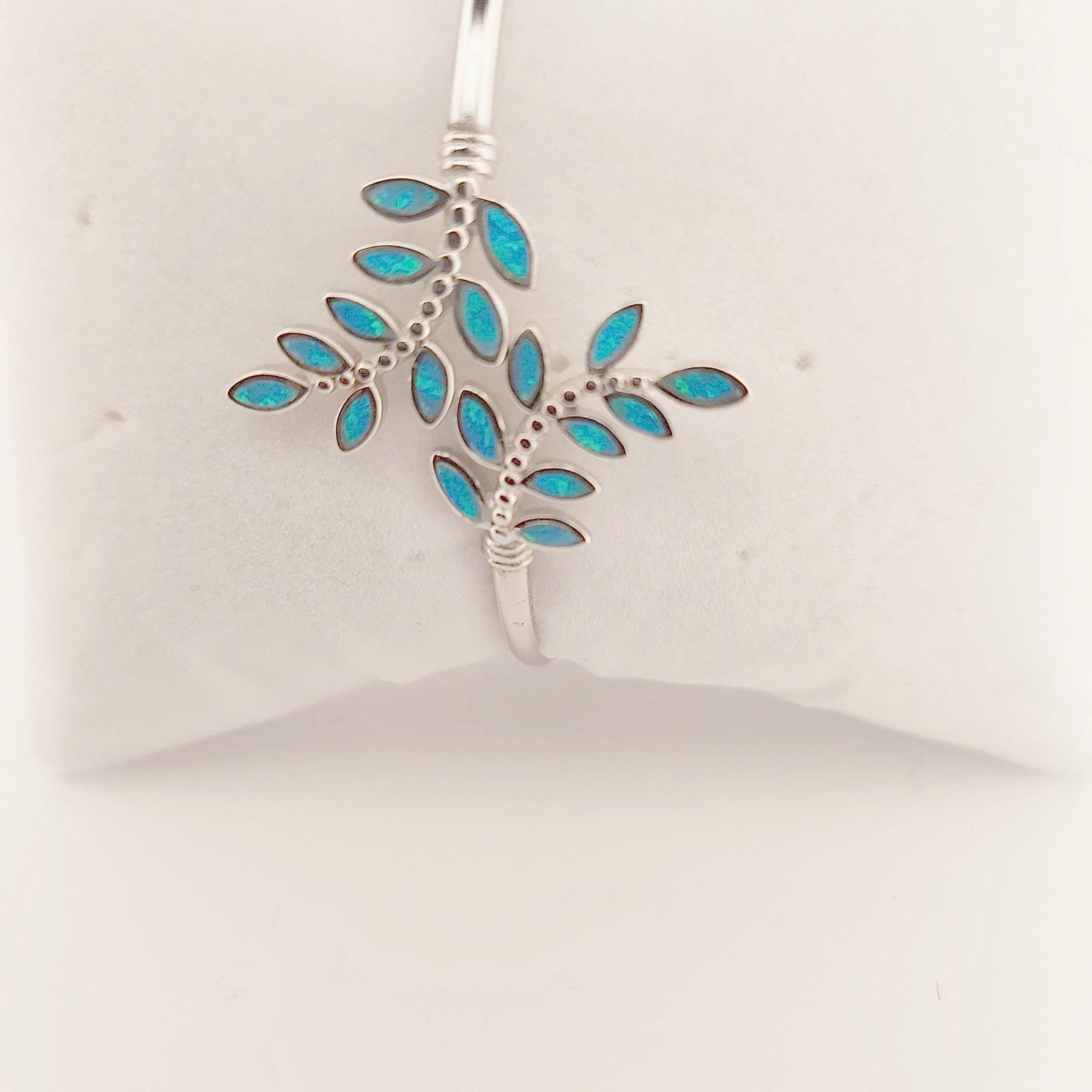 Blue Opal Olive Tree Branch Leaf Bracelet, 925 Sterling Silver, Greek Jewelry Design