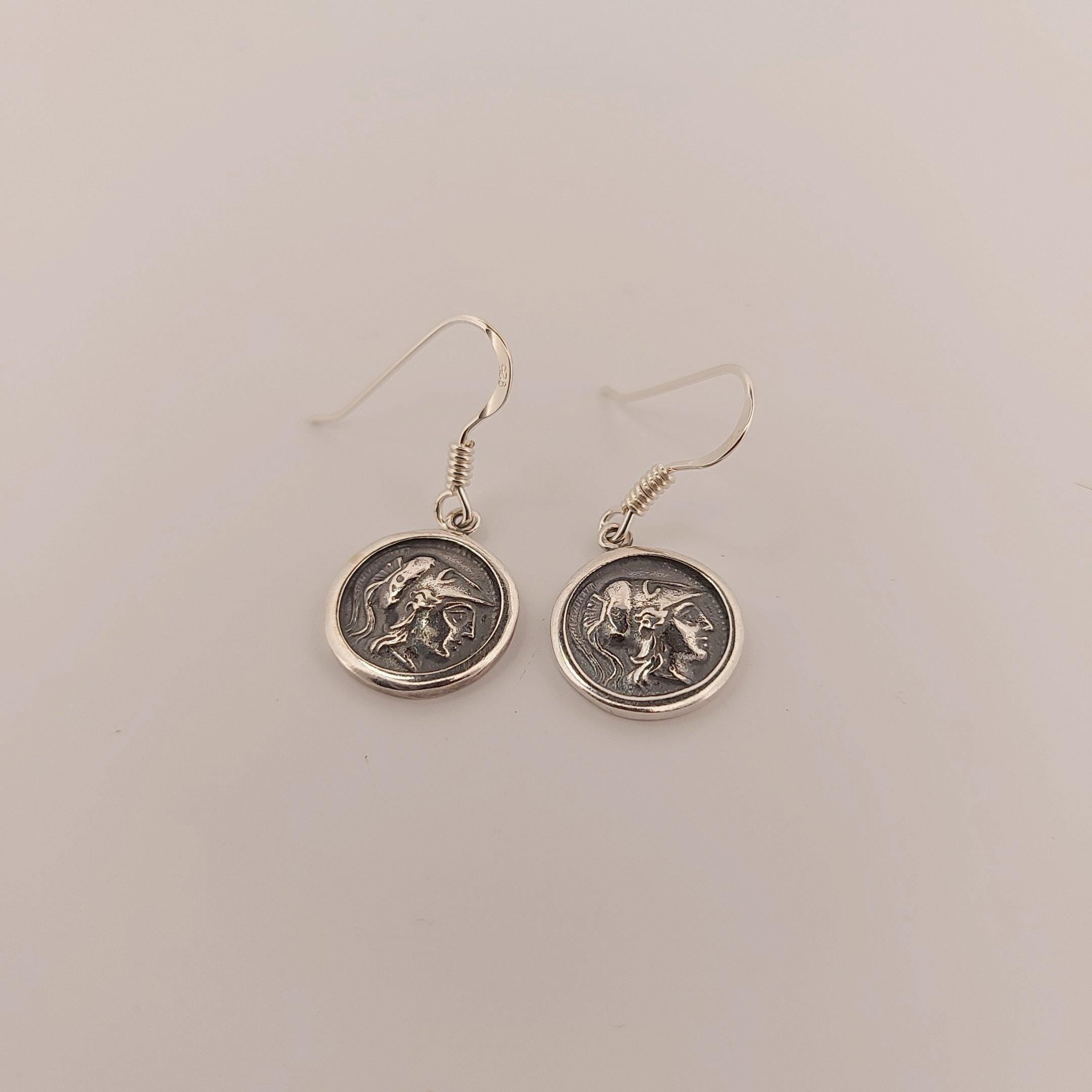 Greek Goddess Athena Dangle Earrings, Silver Coin Design, Antique Style