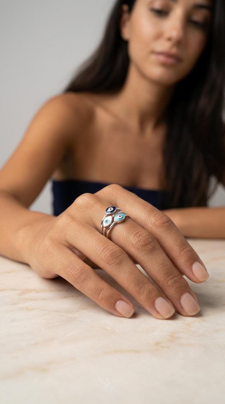 Silver Evil Eye Ring – Triple Band Stacked Multi Color Protective Jewelry