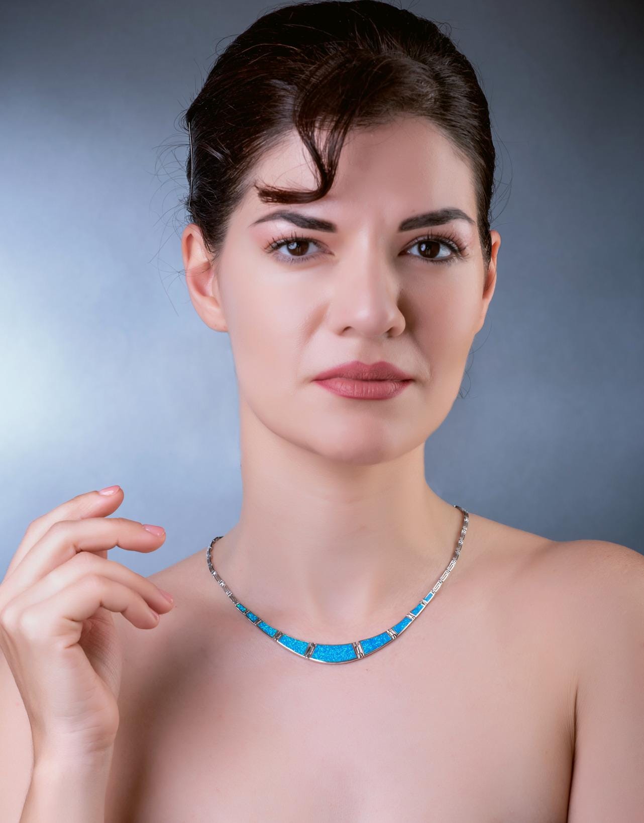 Sterling Silver Blue Opal Collar Necklace, Greek-Inspired Design
