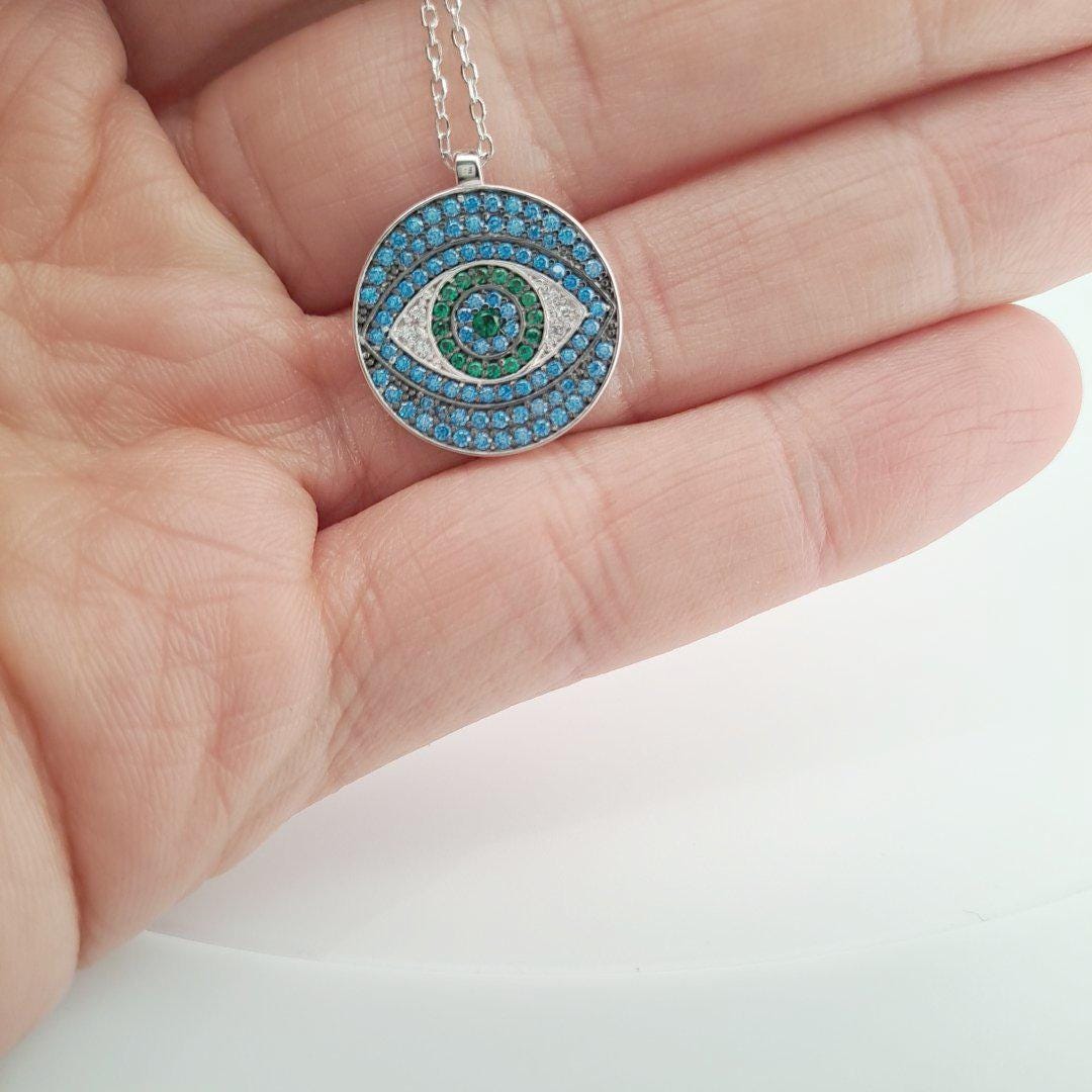 Evil Eye Pendant Necklace - Silver Zirconia Eye Charm with Blue Green Stones