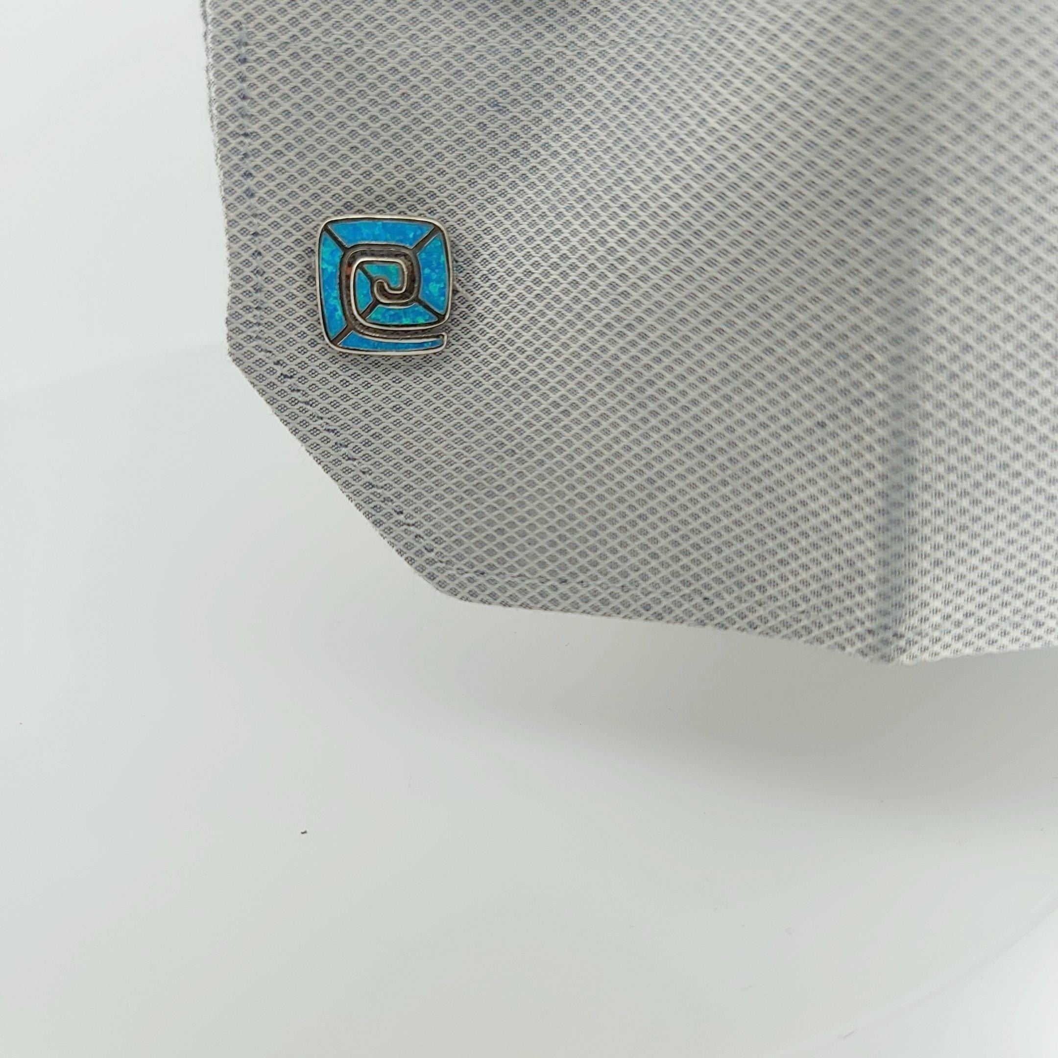 Blue Opal Greek Key Cufflinks, Sterling Silver, Meander Square Design, 925 Silver