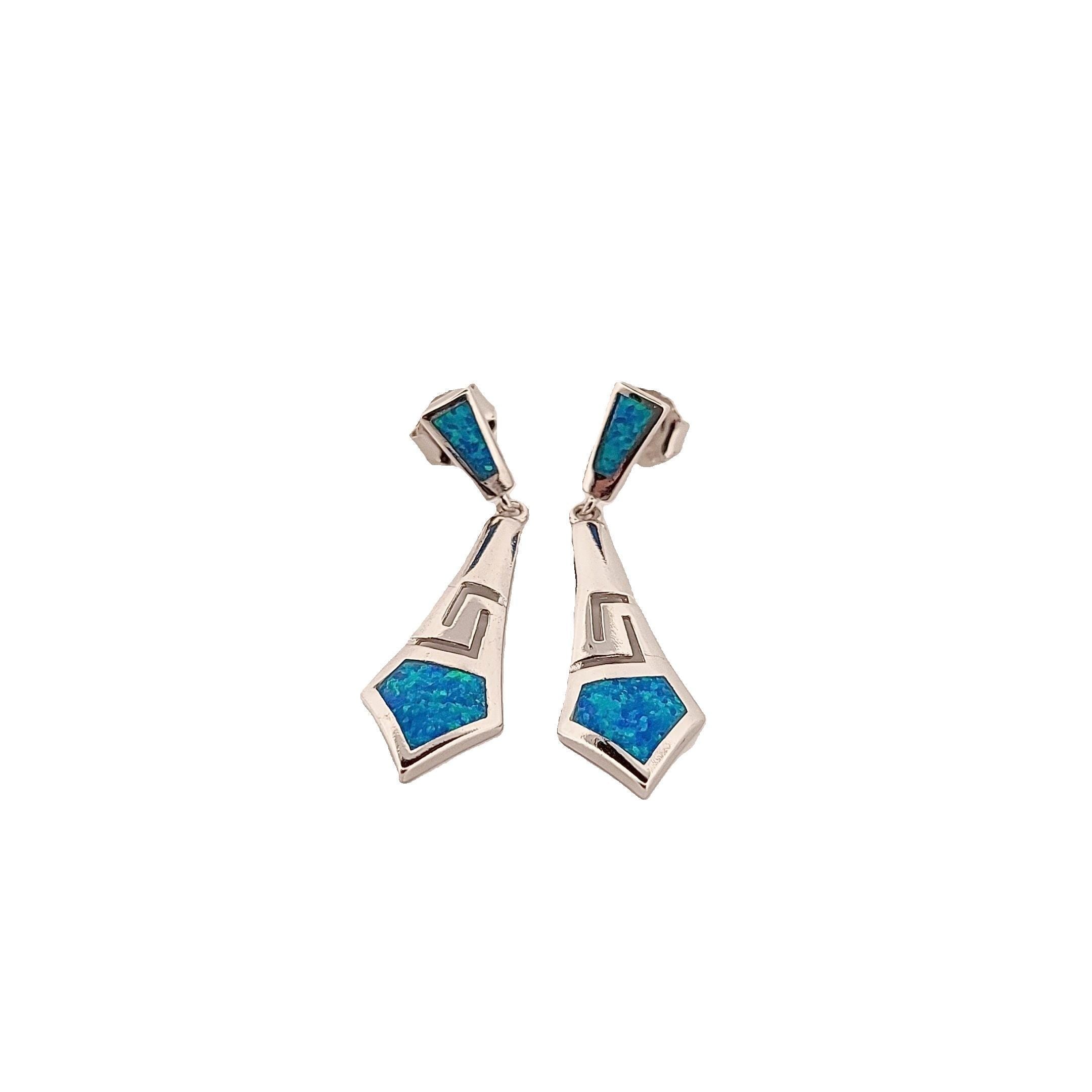 Sterling Silver Blue Opal Dangle Earrings: Greek Key Diamond Design