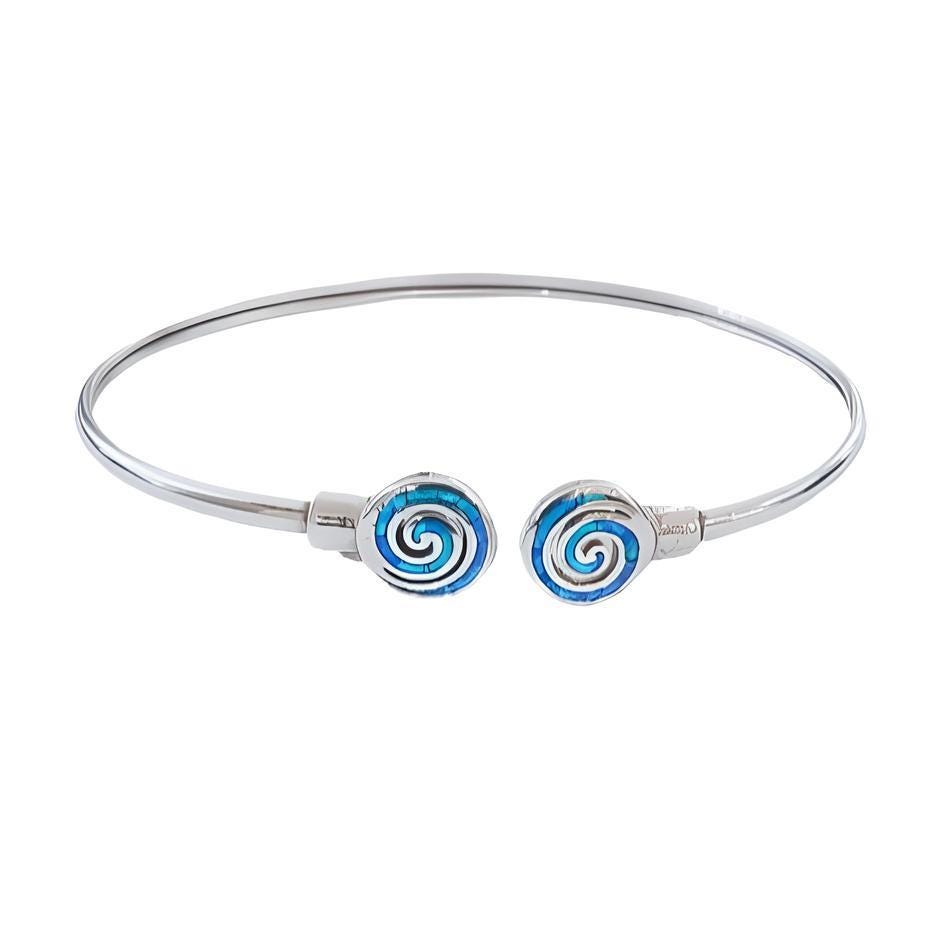 Blue Opal Spiral Sterling Silver Greek Key Bangle Bracelet, Meander Design