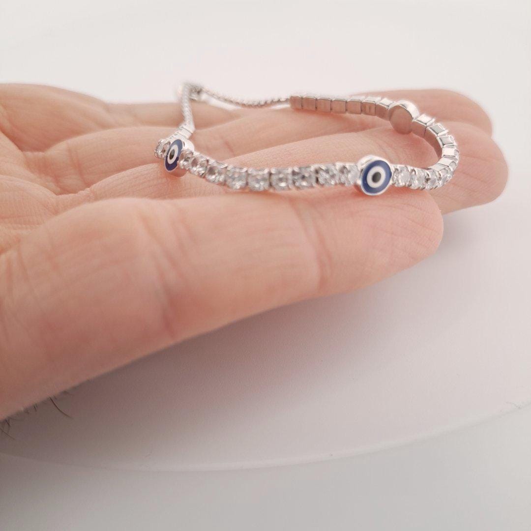 Silver Evil Eye Bracelet – Adjustable Charm Bangle with Zirconia Stones & Sliding Clasp