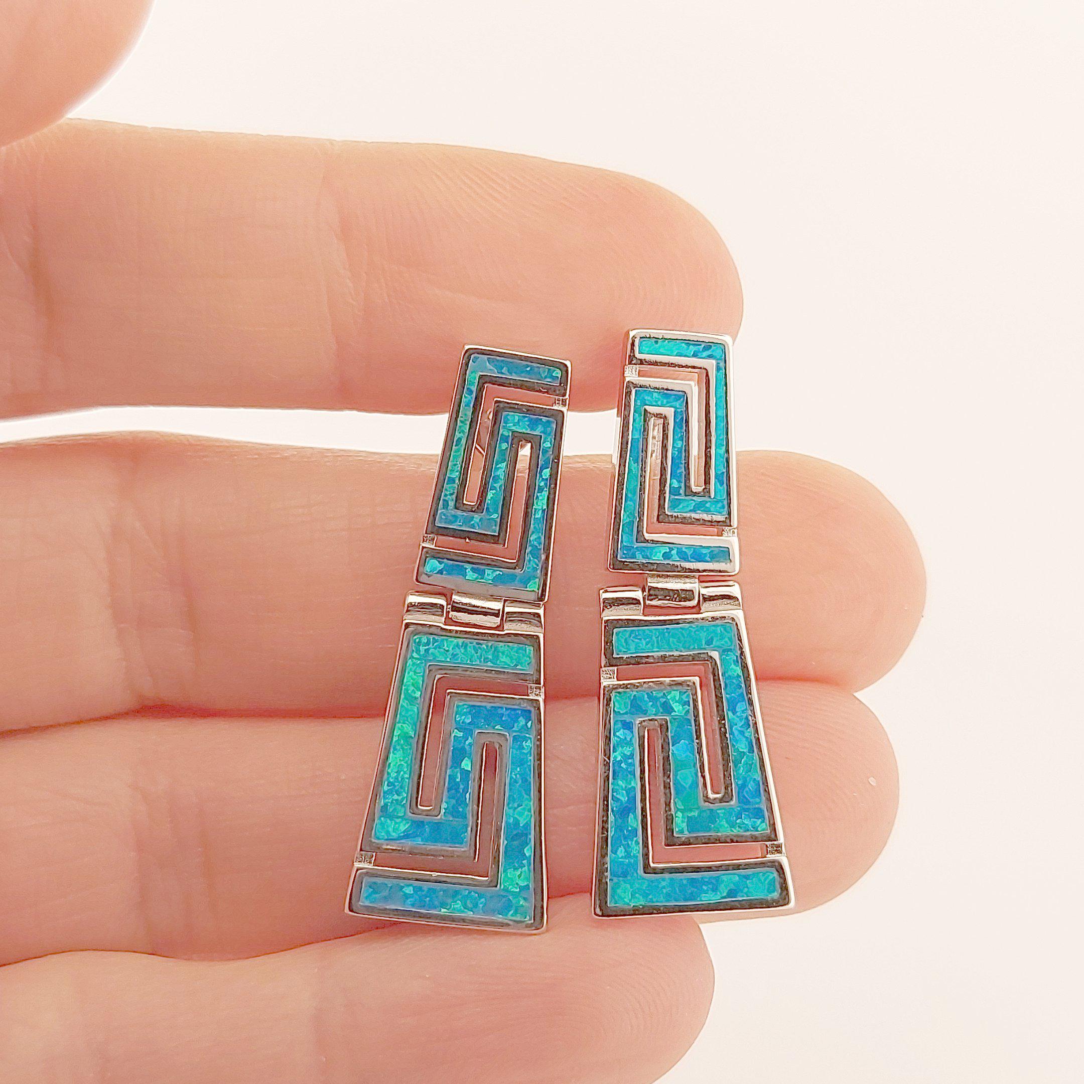 Sterling Silver Blue Opal Dangle Earrings: Greek Meander Design