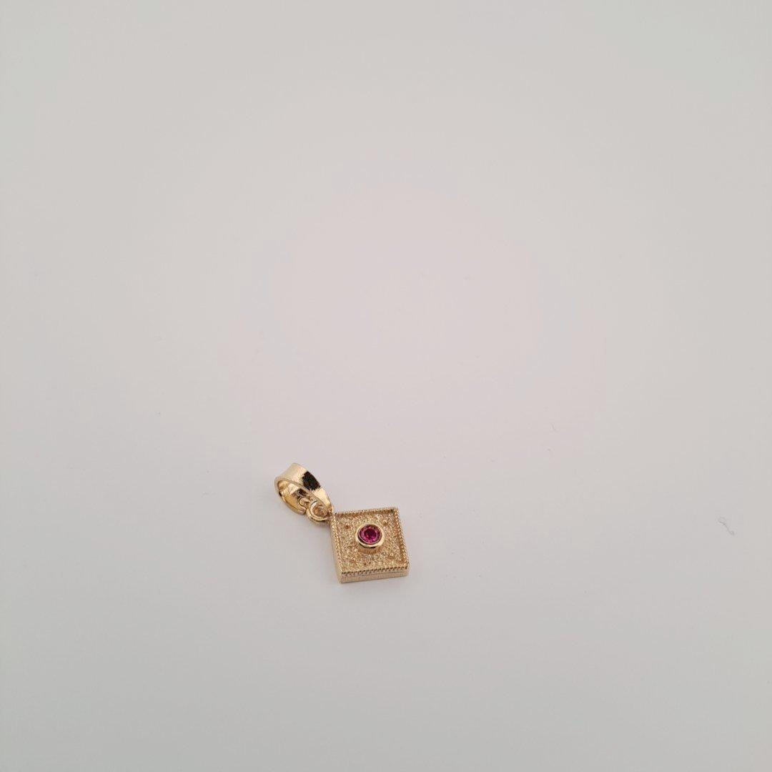 Gold Plated Pendant – Byzantine Diamond Shaped Pink Gemstone Charm with Fine Granulation
