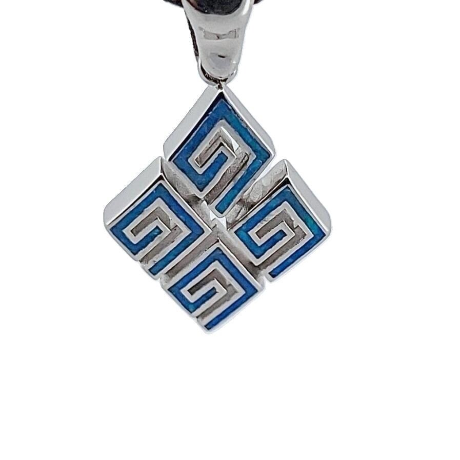 Sterling Silver 925 Blue Opal Greek Key Pendant, Rhombus Shape, Meander Design