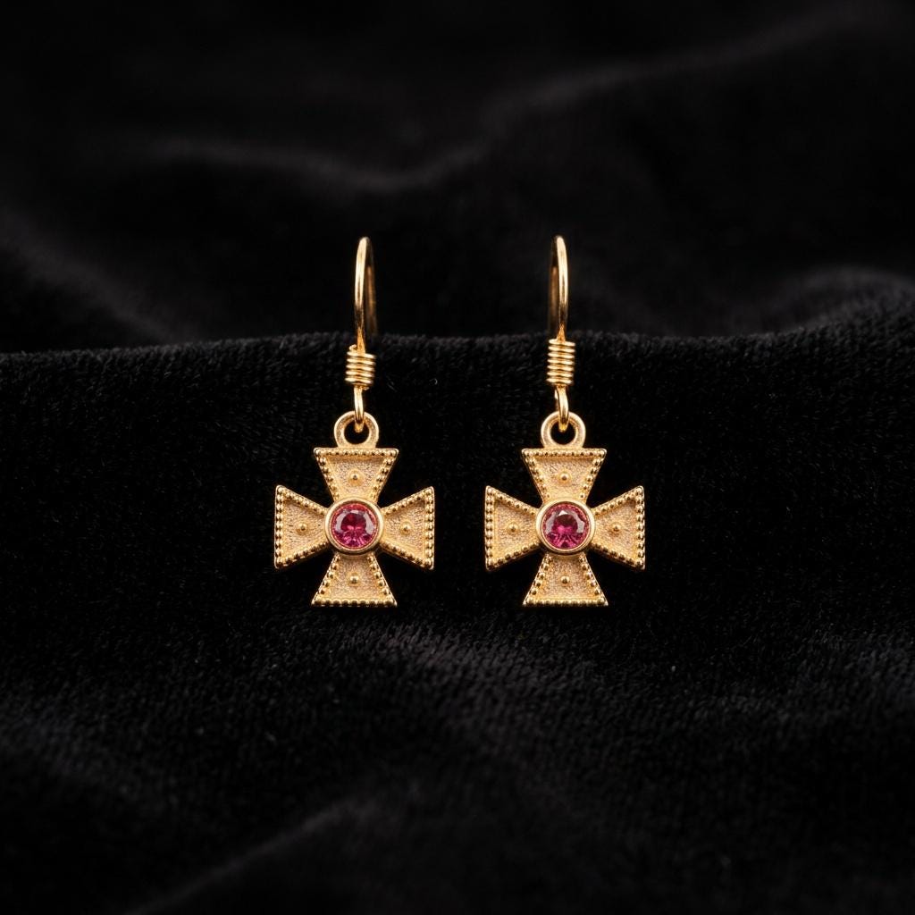 Byzantine Cross Earrings – Gold Plated Drop Earrings with Synthetic Gemstone