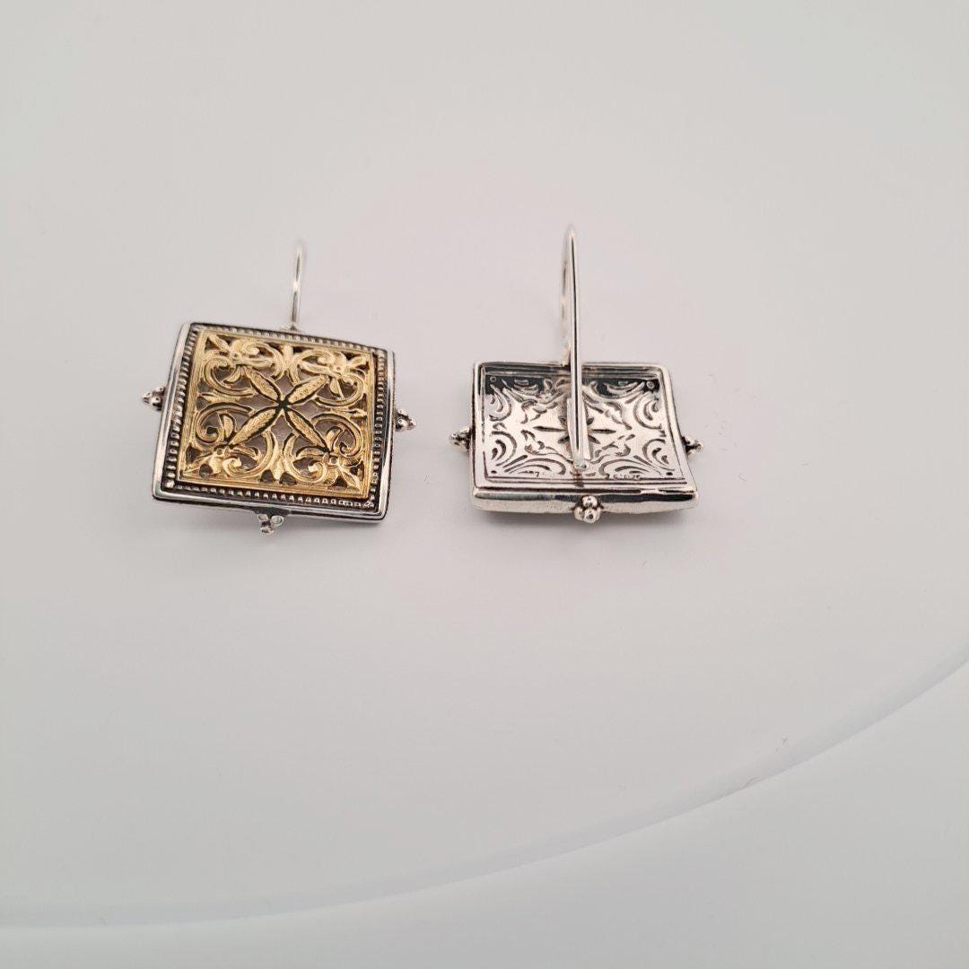 Square Filigree Earrings – Two Tone Earrings | Byzantine Inspired Jewelry