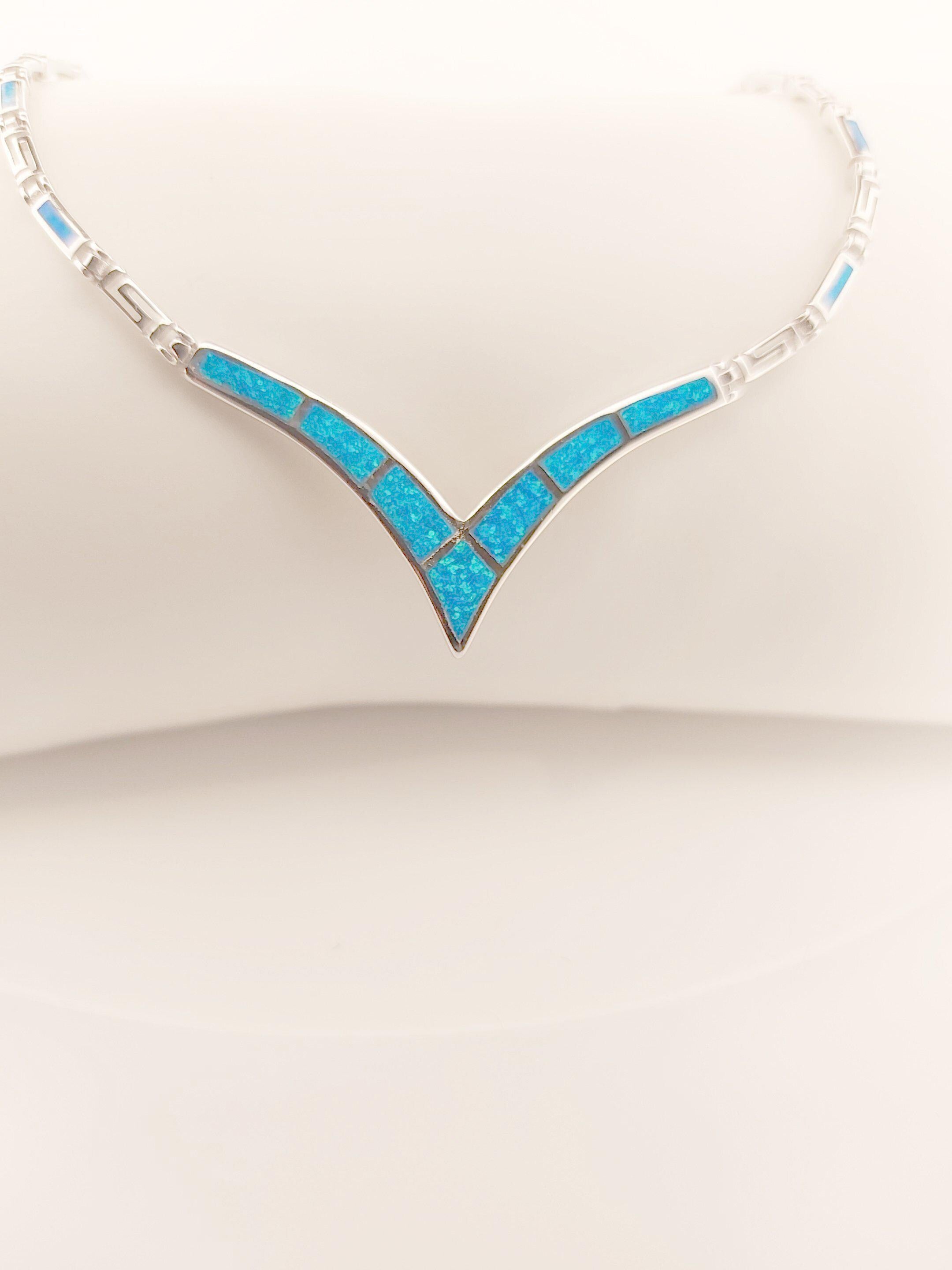 Sterling Silver 925 Blue Opal Necklace with Greek Key Meander Design