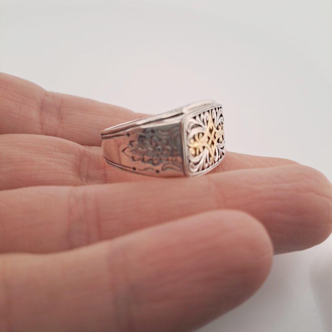 Byzantine Silver Ring – Gold Plated Band With Ornate Cross And Scrollwork Design