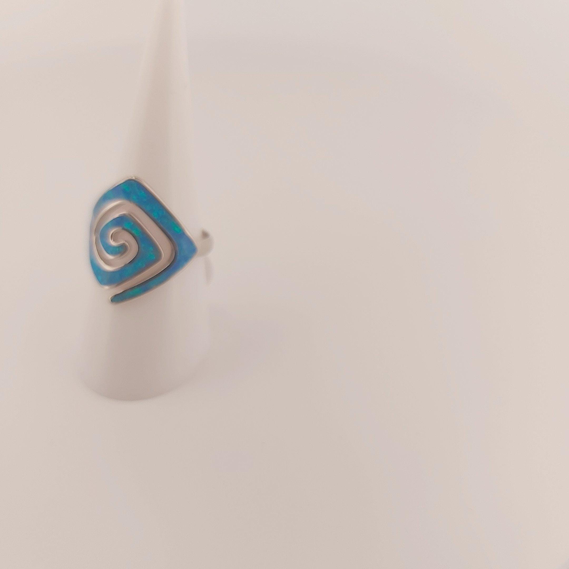 Blue Opal Rhombus Ring, Greek Key Meander Design, Sterling Silver