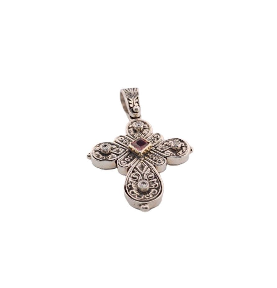 Silver Cross Pendant Byzantine Cross Jewelry – Ruby Center Pendant, Ornate Relief Design