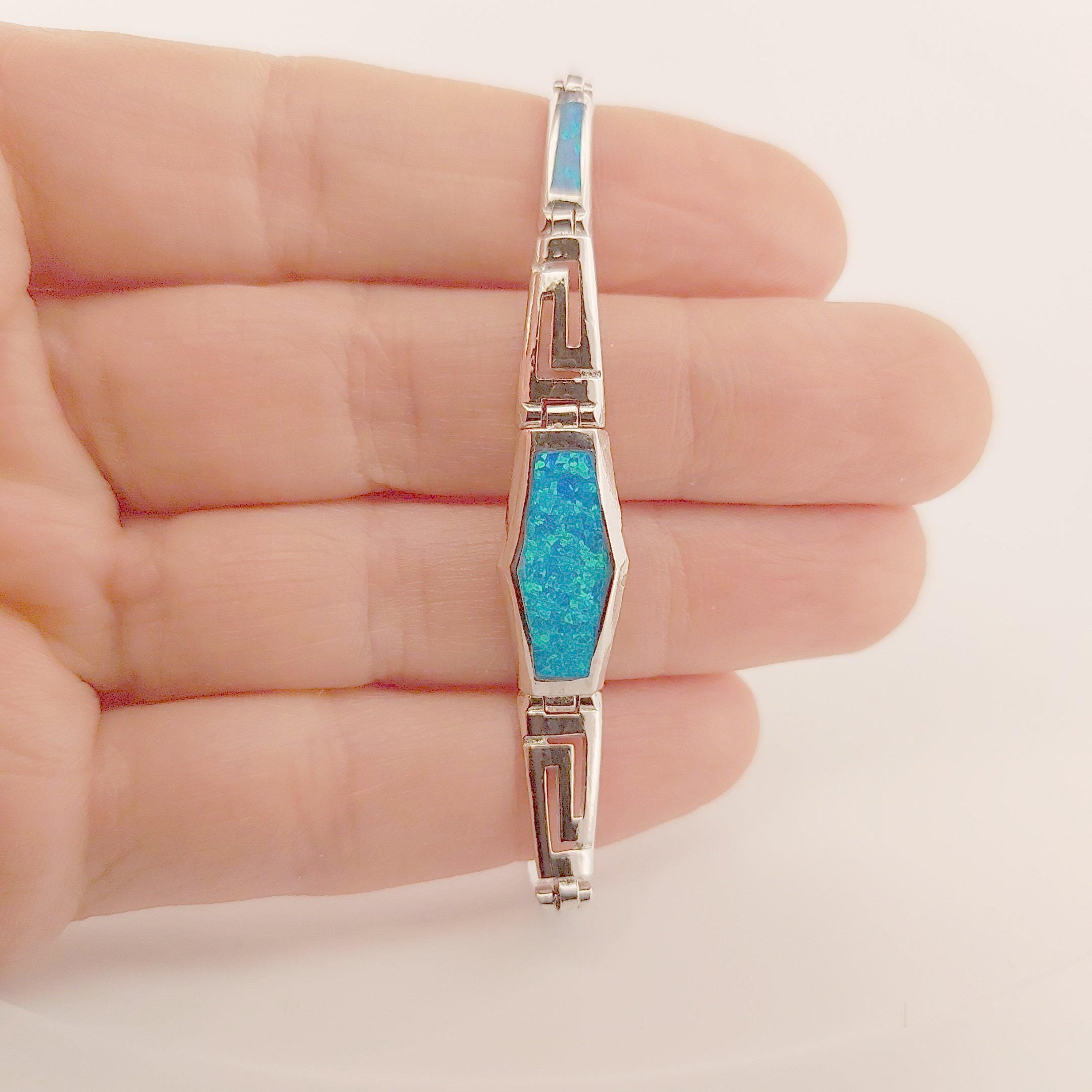 Sterling Silver Blue Opal Link Bracelet with Greek key Meander, Greek-Inspired Design