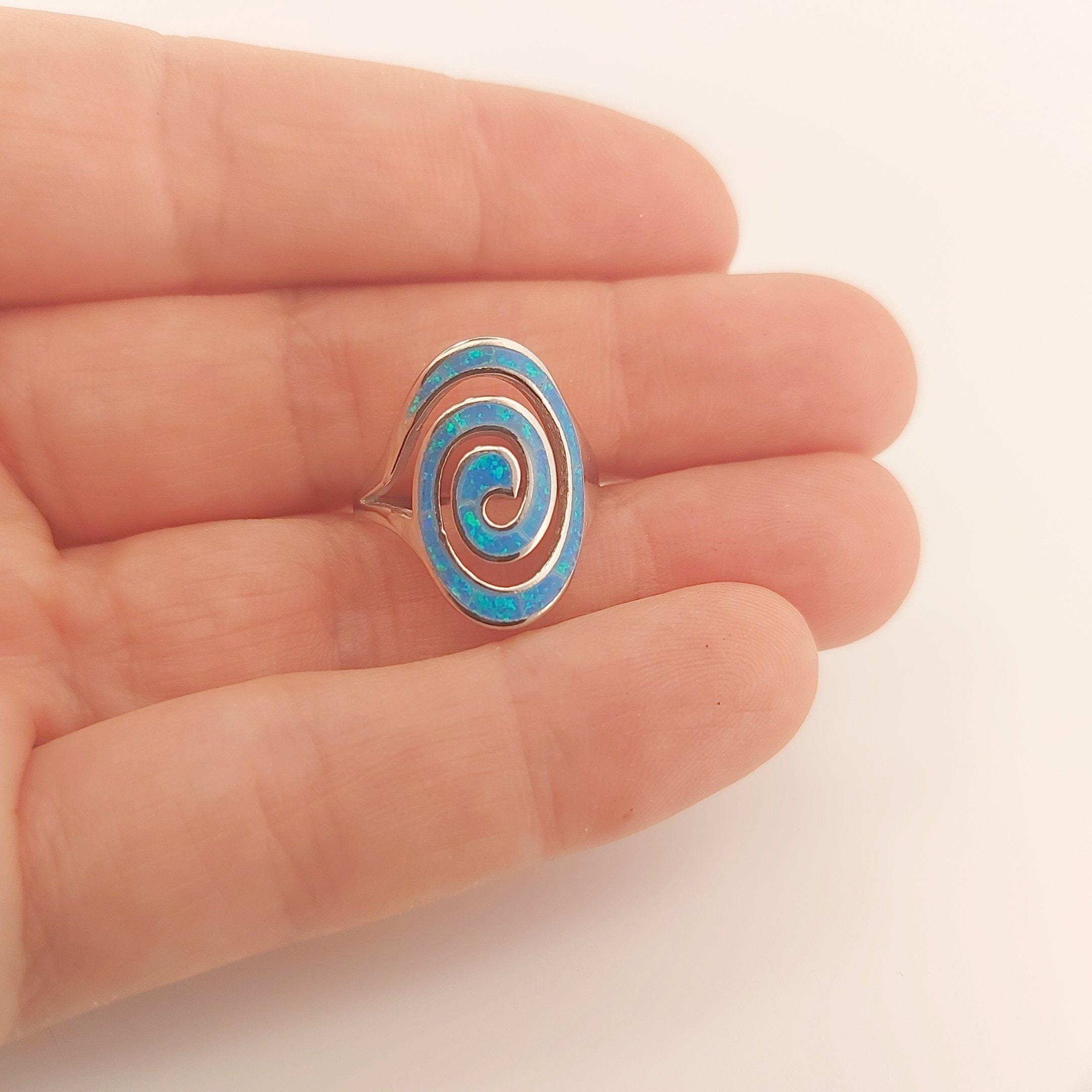 Blue Opal Silver Ring, Greek Key Spiral Design, Statement Ring