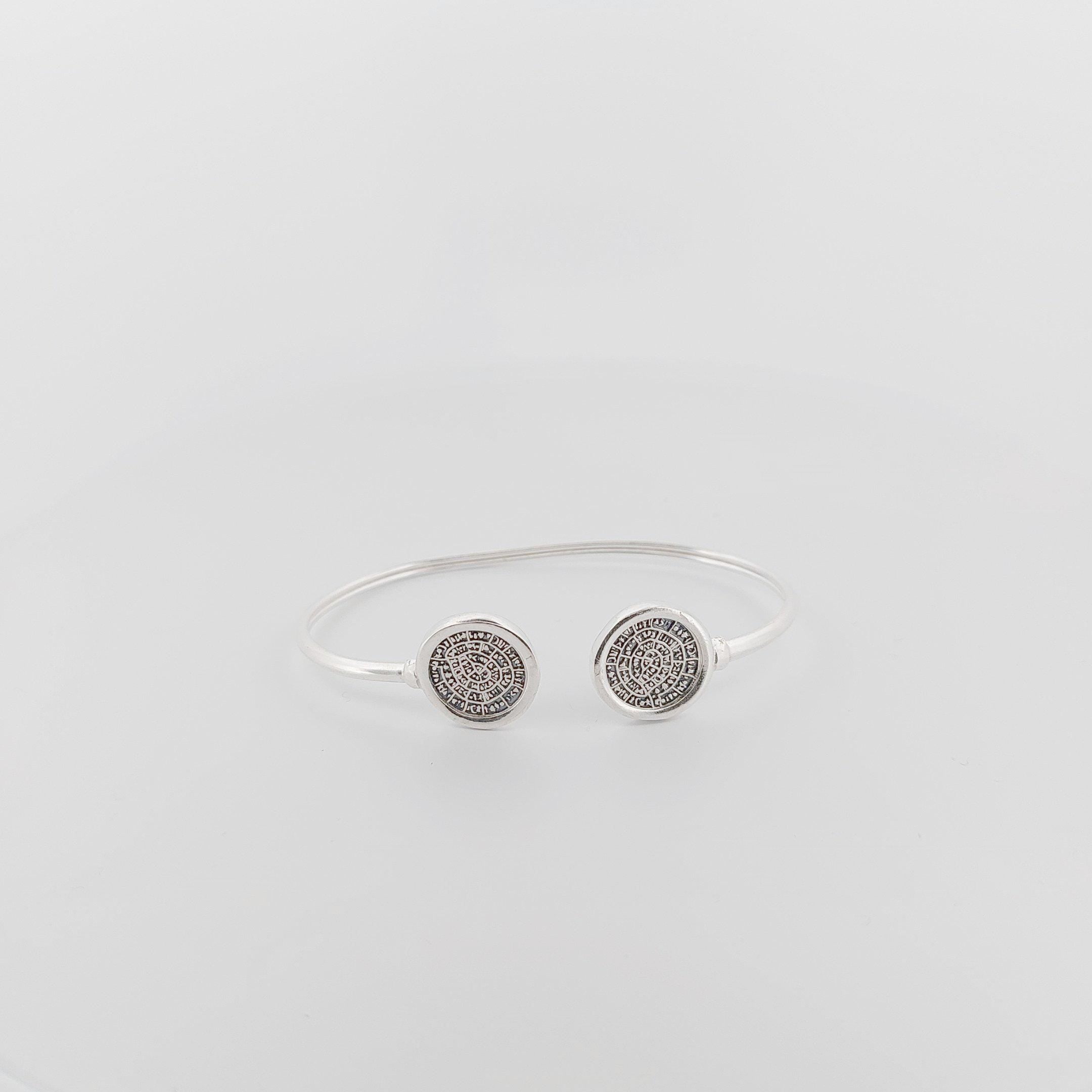Sterling Silver Disc of Phaistos Cuff Bracelet: Ancient Greek Medallion