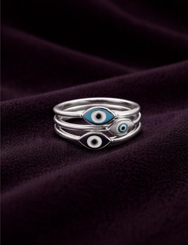 Silver Evil Eye Ring – Triple Band Stacked Multi Color Protective Jewelry