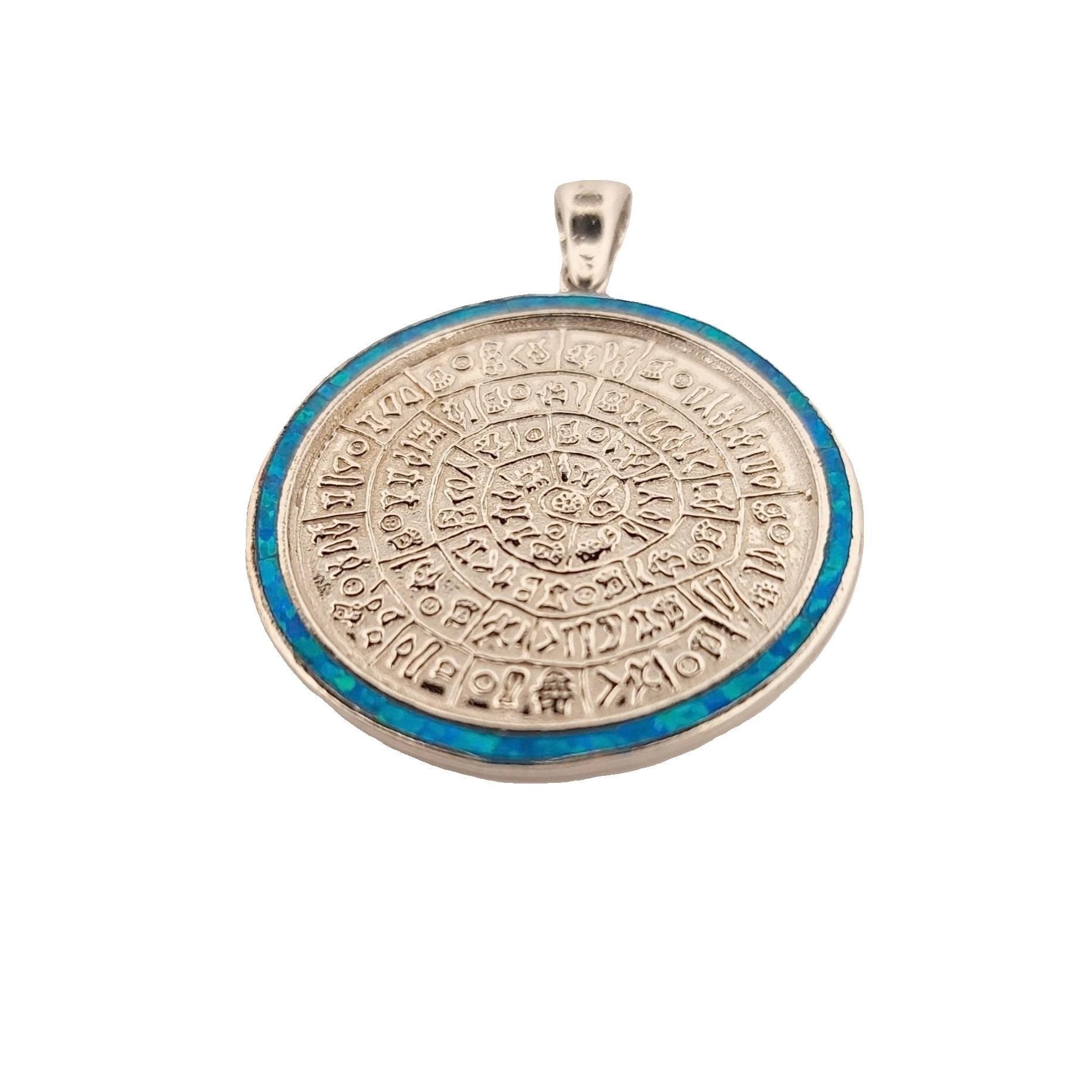 Sterling Silver Phaistos Disc Pendant: Blue Opal Inlay, Ancient Greek Design