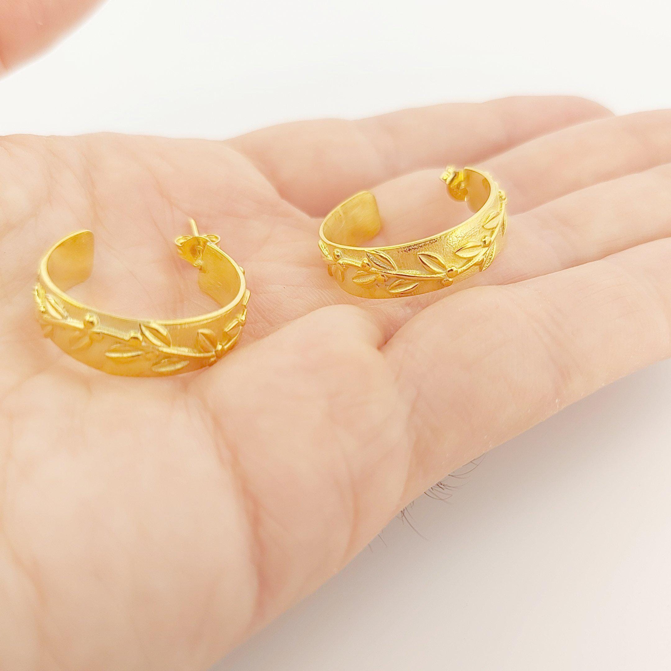 Gold Plated Olive Branch Hoop Earrings: Greek Motif Design