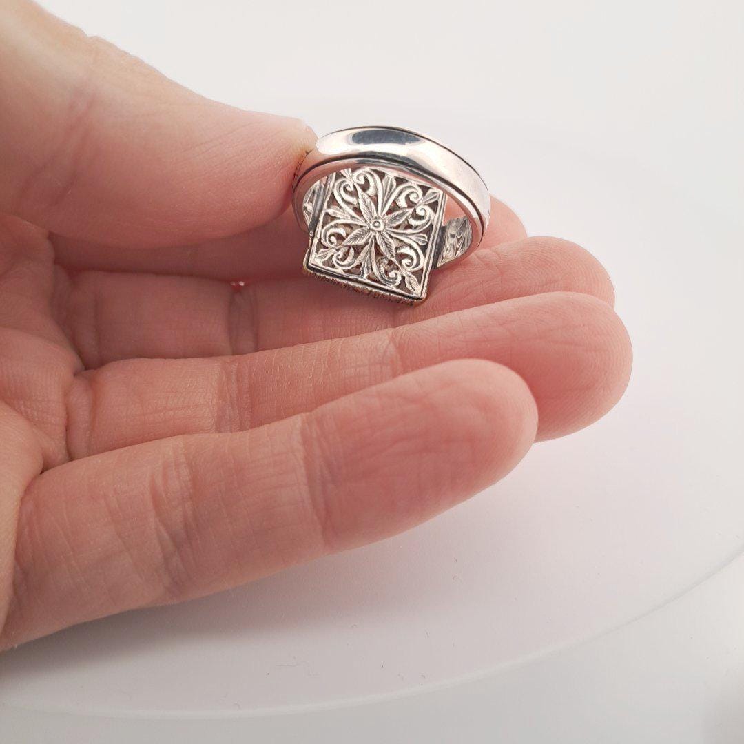 Byzantine Style Ring - Ornate Filigree Design Two Tone Square Face Band