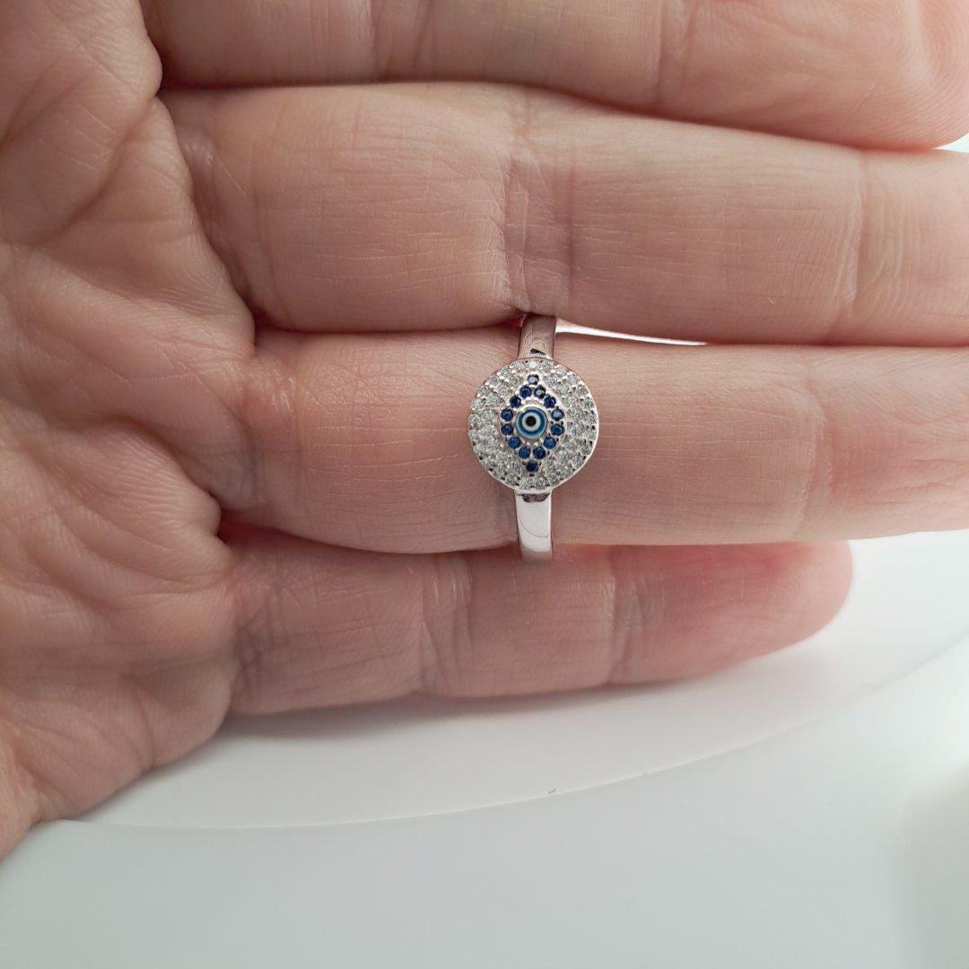 Evil Eye Ring Silver 925 – Blue Zircon Halo Protection Charm Jewelry