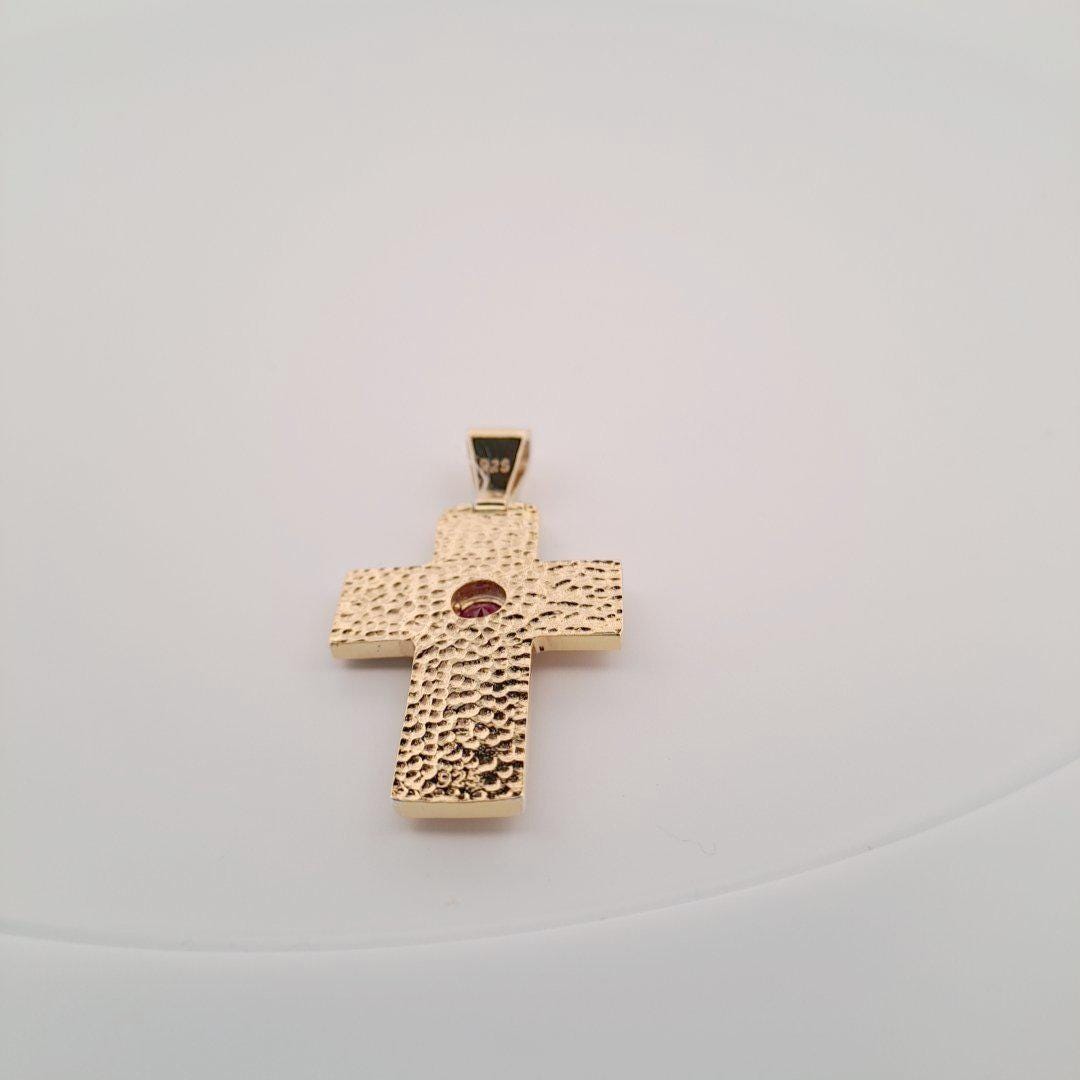 Gold Cross Pendant – Byzantine Cross With Red Gemstone | Ornate Greek Jewelry