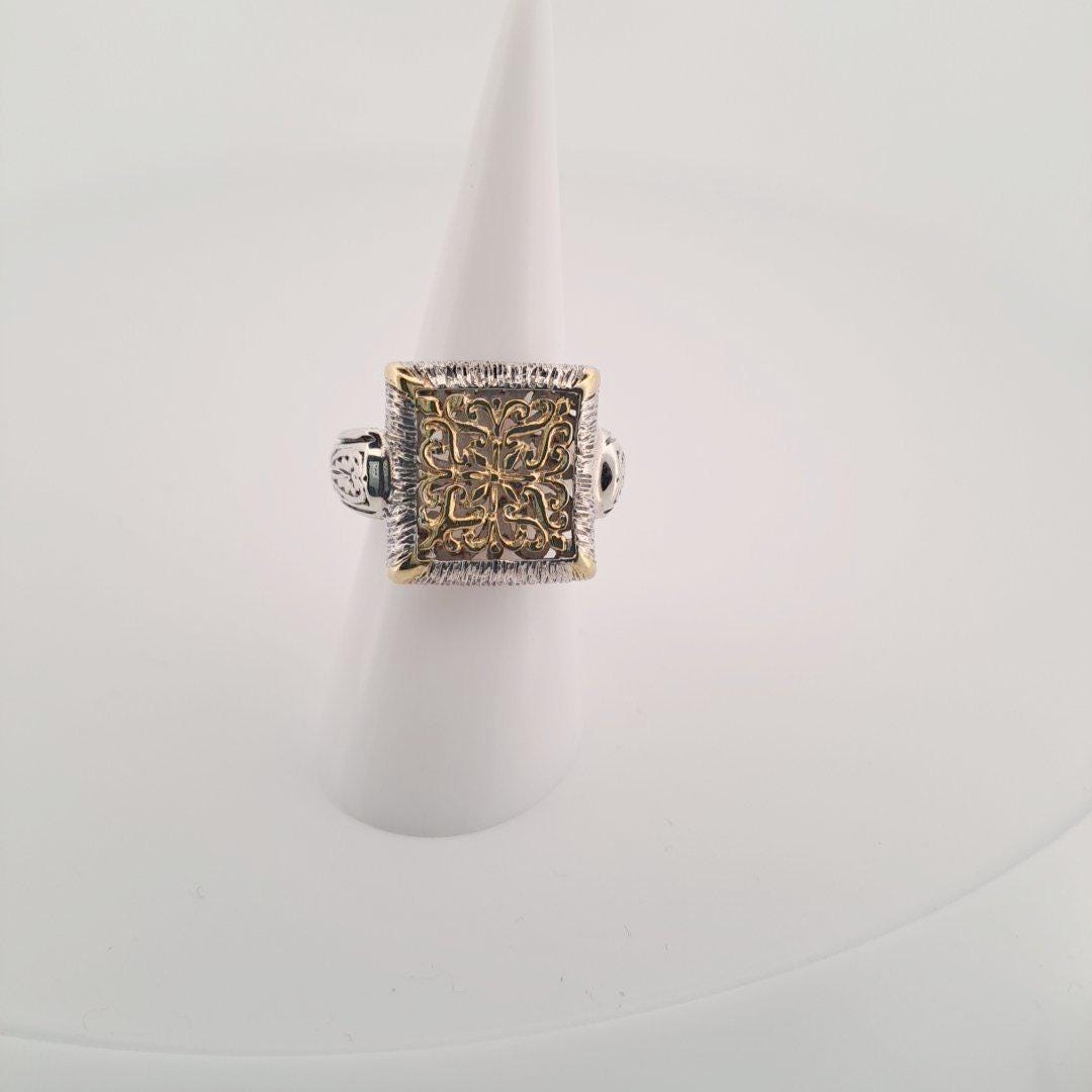 Byzantine Style Ring - Ornate Filigree Design Two Tone Square Face Band