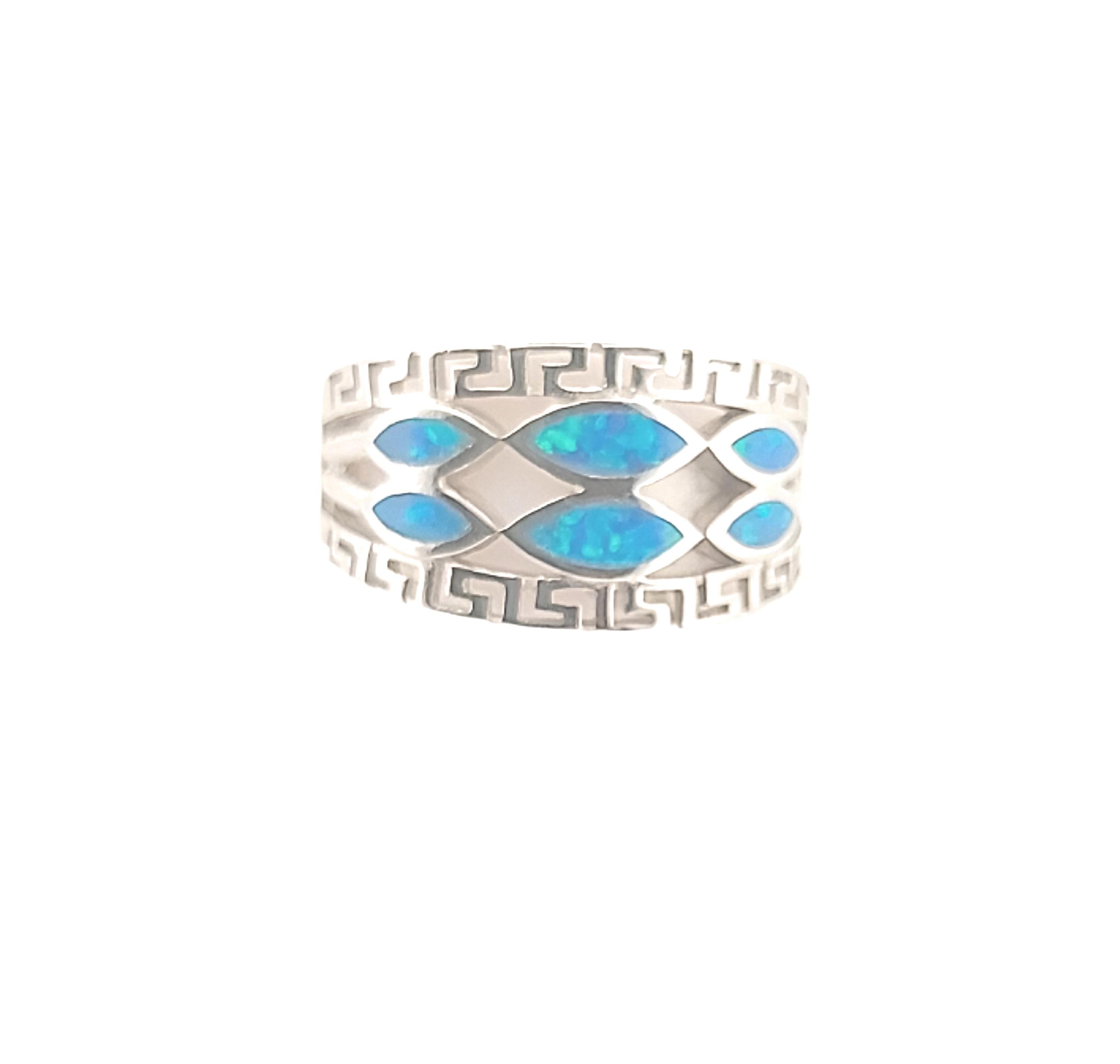 Blue Opal Ring Marquise Pattern, Sterling Silver Greek Key Meander Design