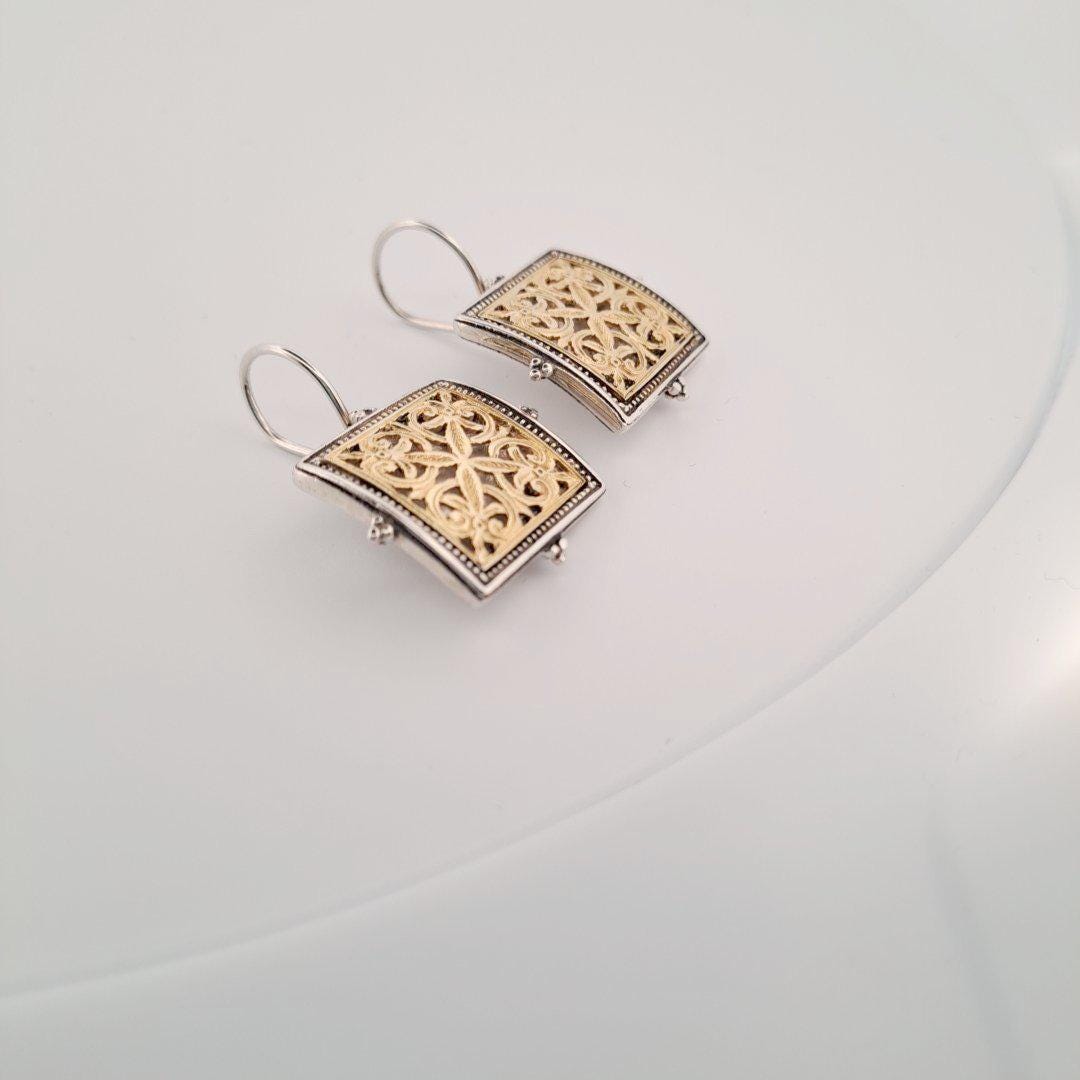 Square Filigree Earrings – Two Tone Earrings | Byzantine Inspired Jewelry