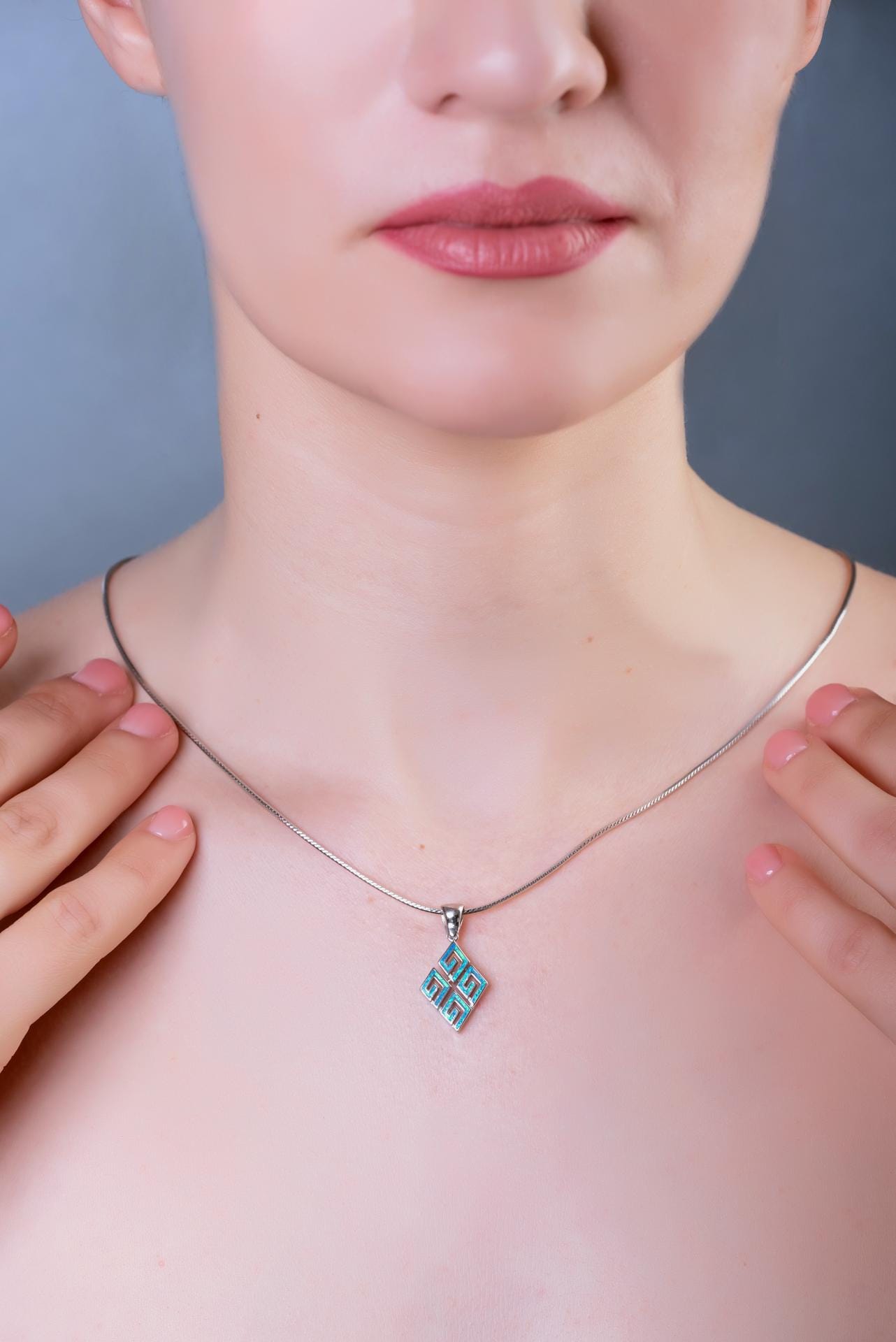 Sterling Silver 925 Blue Opal Greek Key Pendant, Rhombus Shape, Meander Design